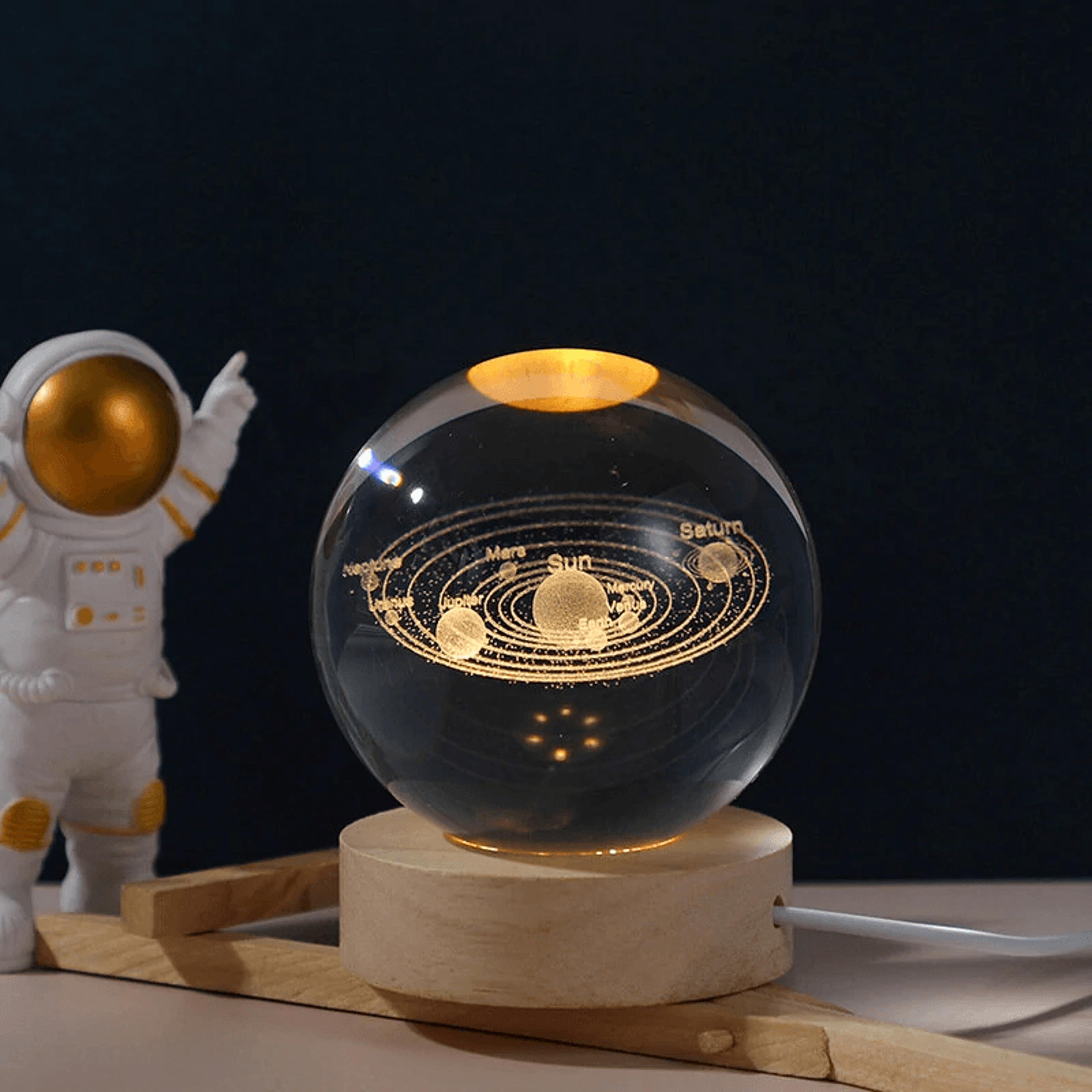 Crystal Ball Night Light With Wooden Base And Warm LED Lighting 6