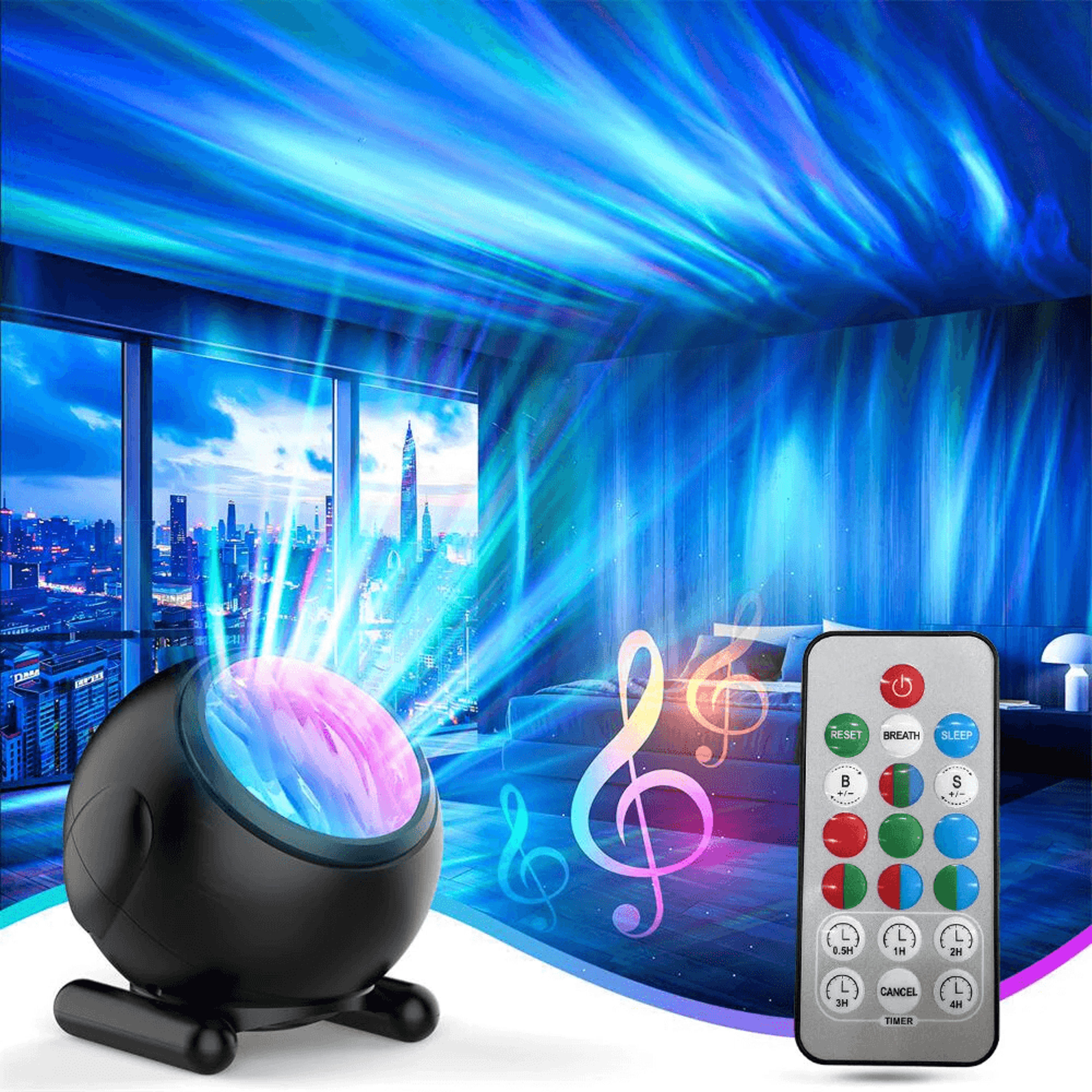 Aurora Lights Projector With RGB LED Lighting Modes White Noise Remote And Timer 1