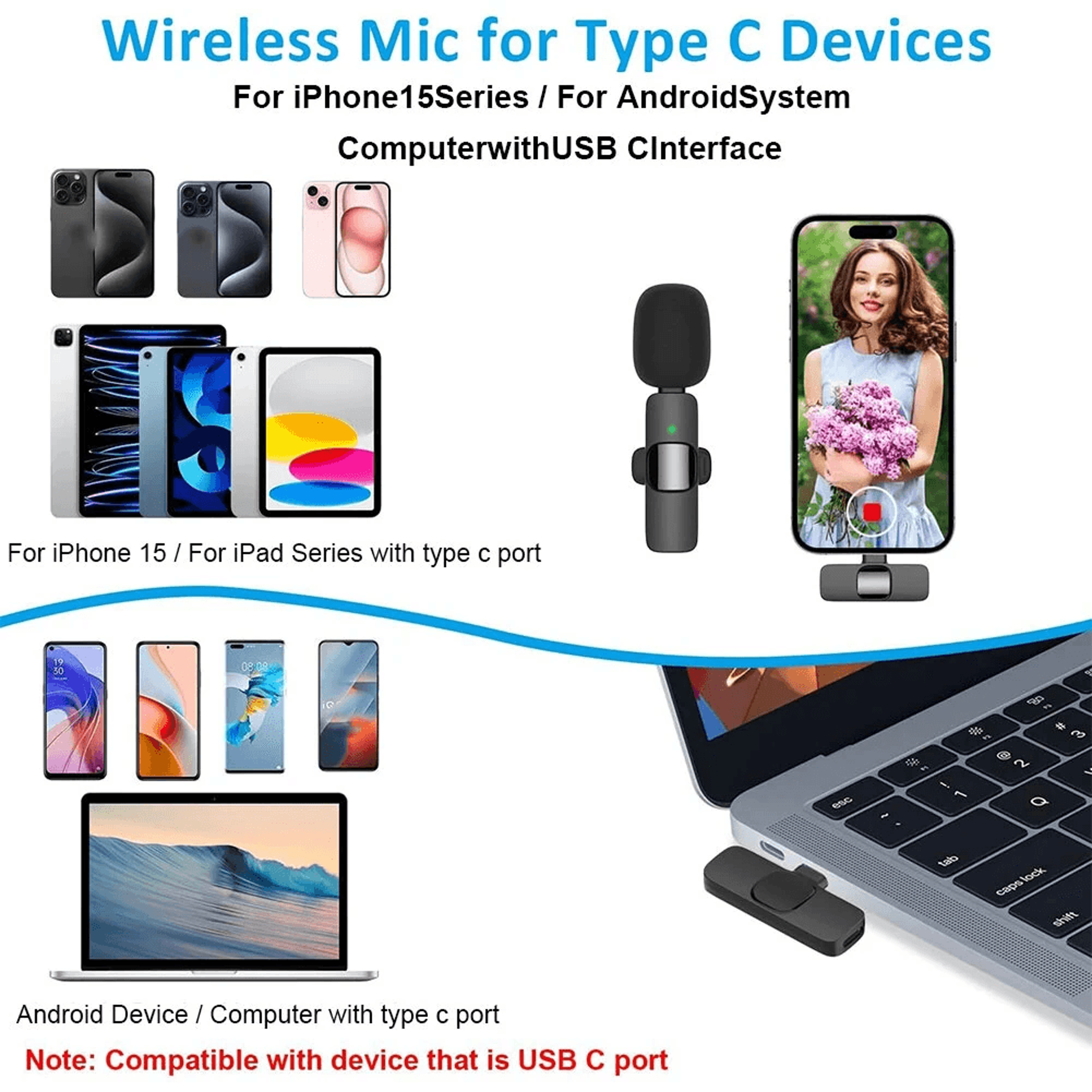 Wireless Lavalier Microphone System With Dual Transmitters And Type C Receiver 1