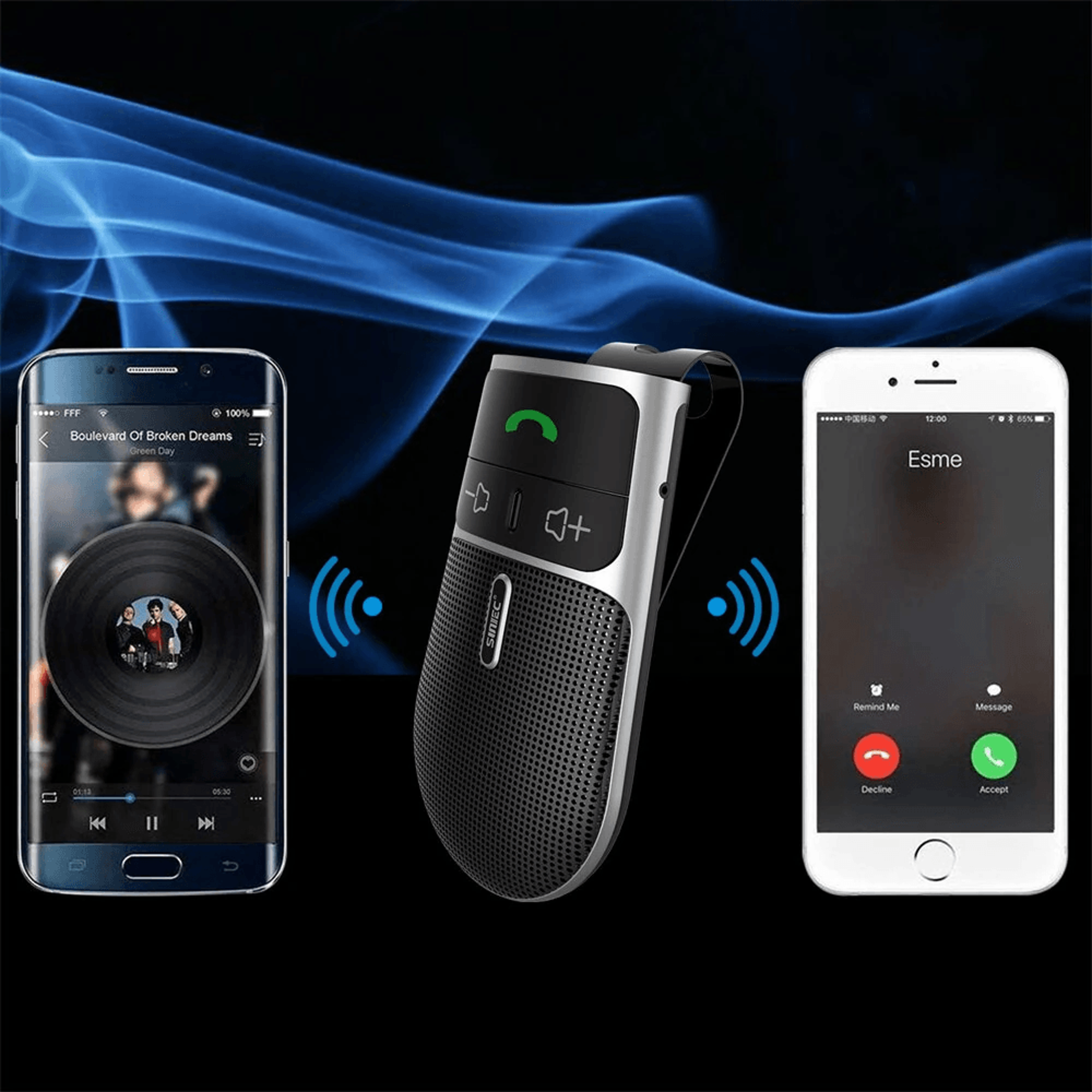 Car Bluetooth Speakerphone With Hands Free Calling Siri Google Assistant And Dual Phone Connection 2