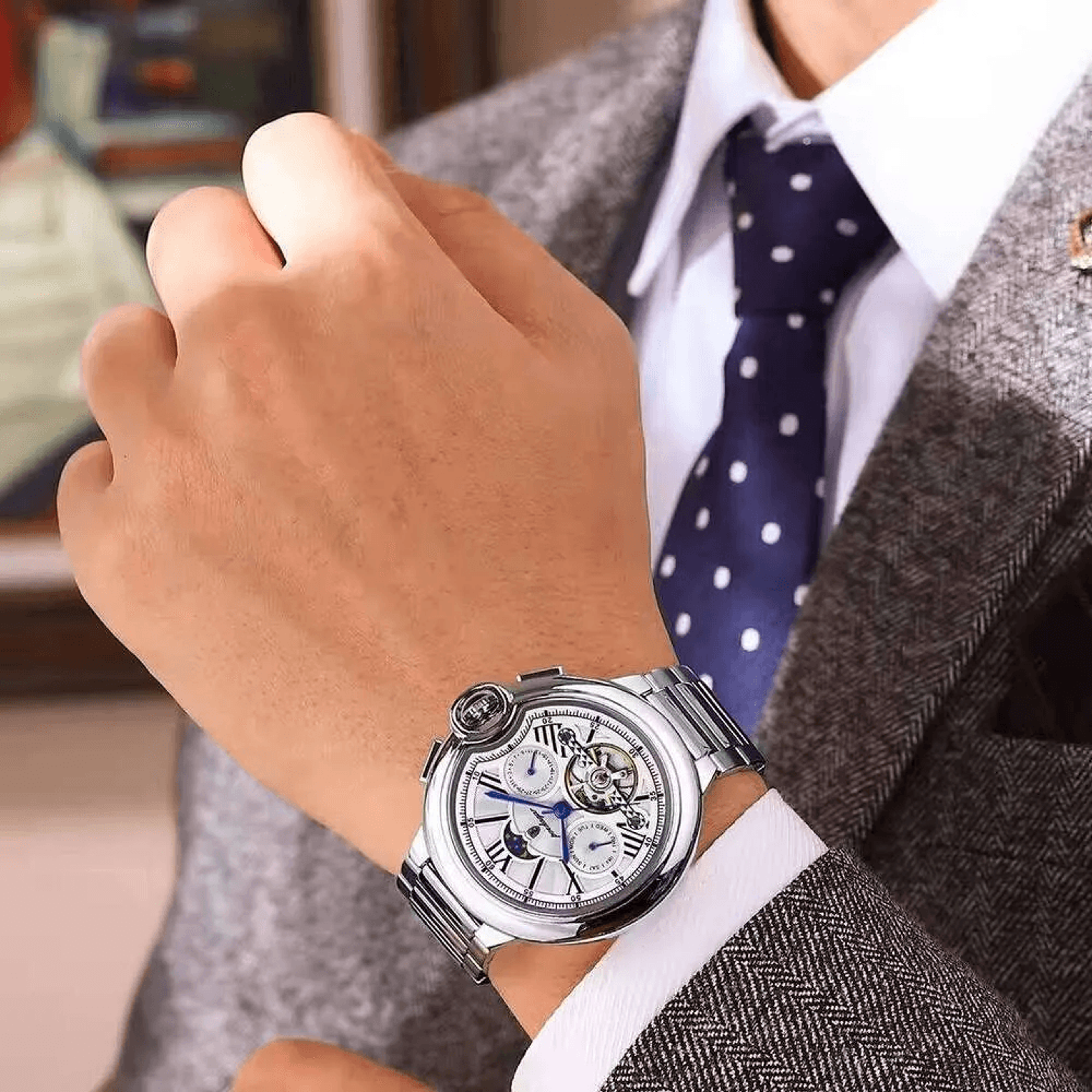 Mens Automatic Skeleton Mechanical Watch With Luminous Dial And Stainless Steel Band 0