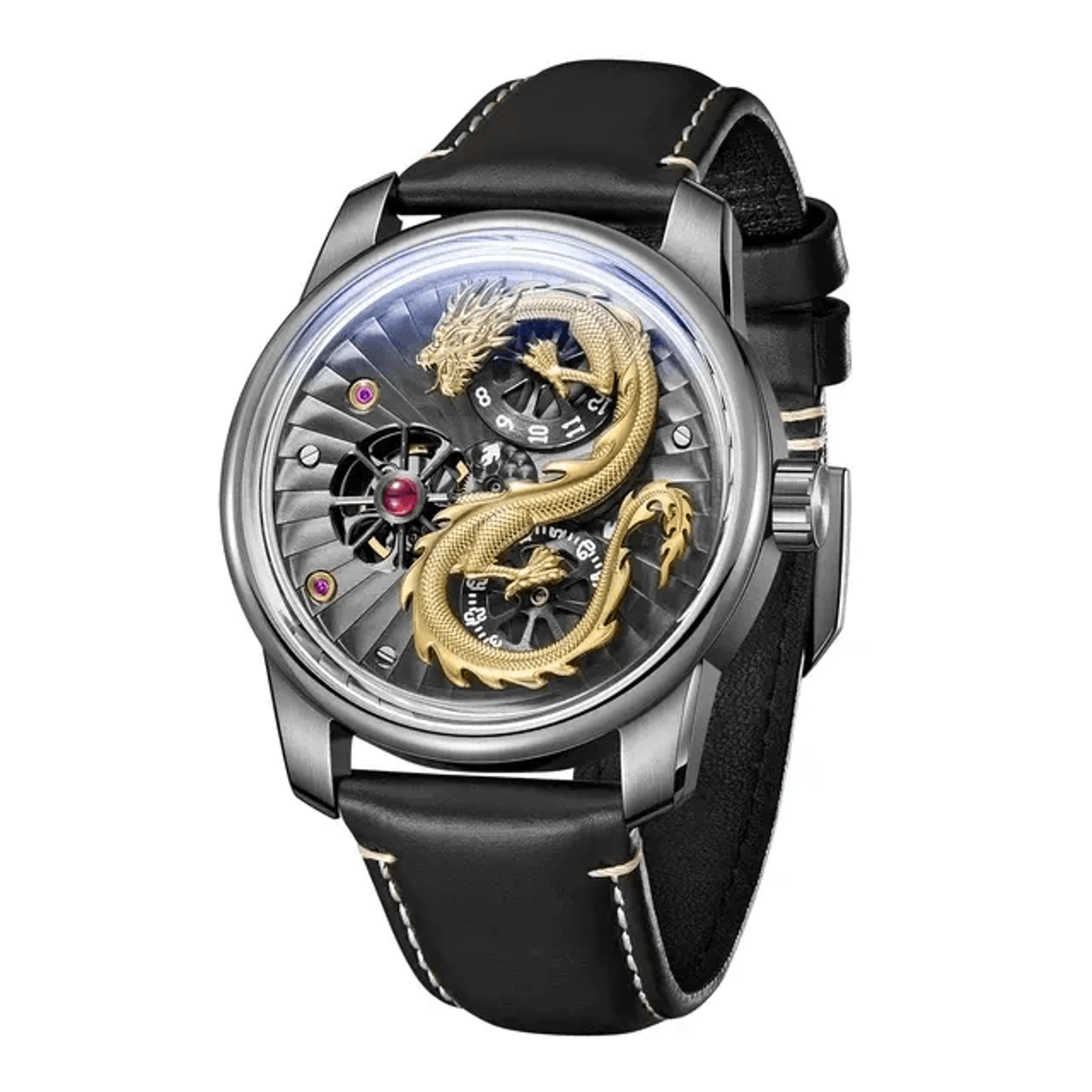 Mens Dragon Quartz Watch With Luminous Dial And Red Leather Strap 7
