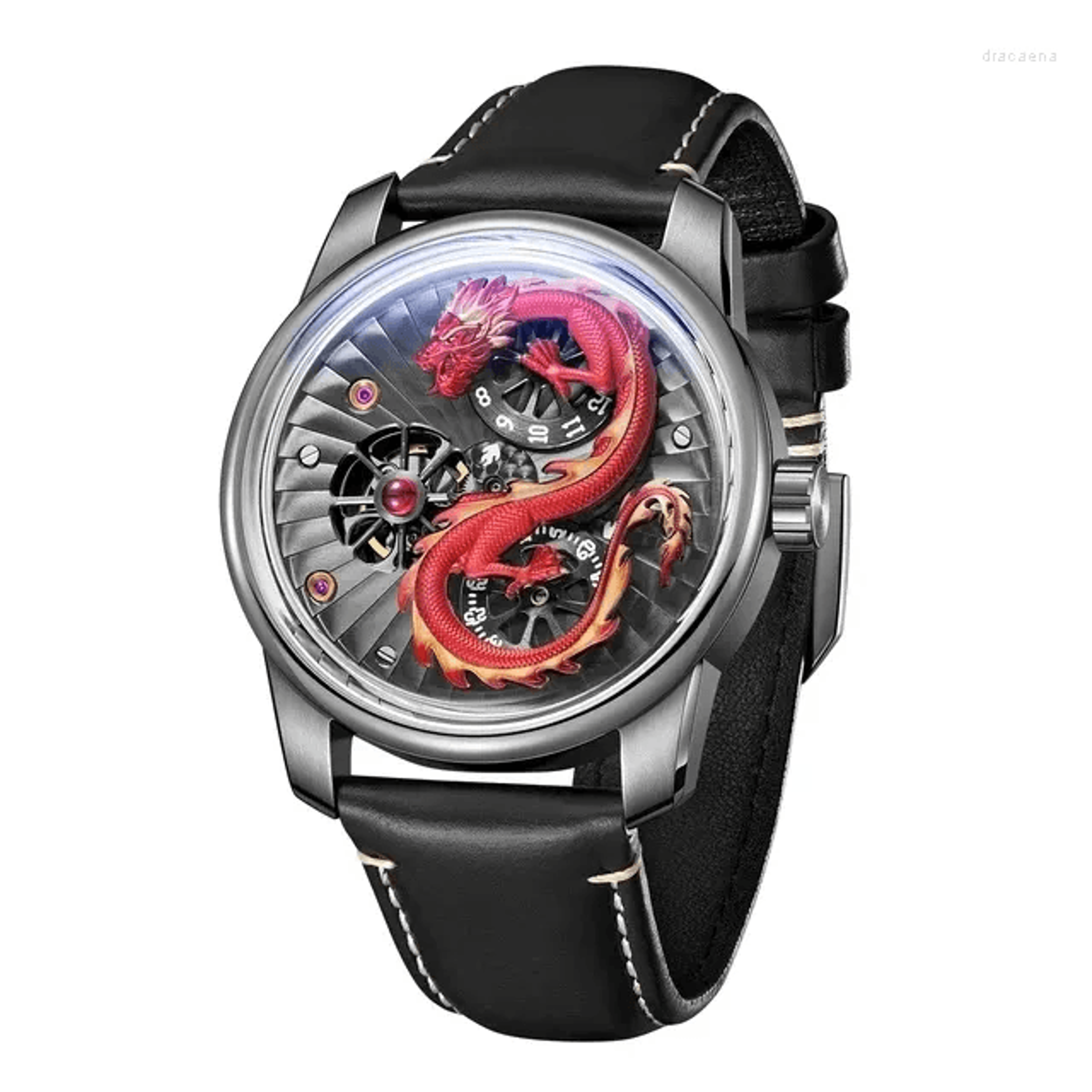 Mens Dragon Quartz Watch With Luminous Dial And Red Leather Strap 5