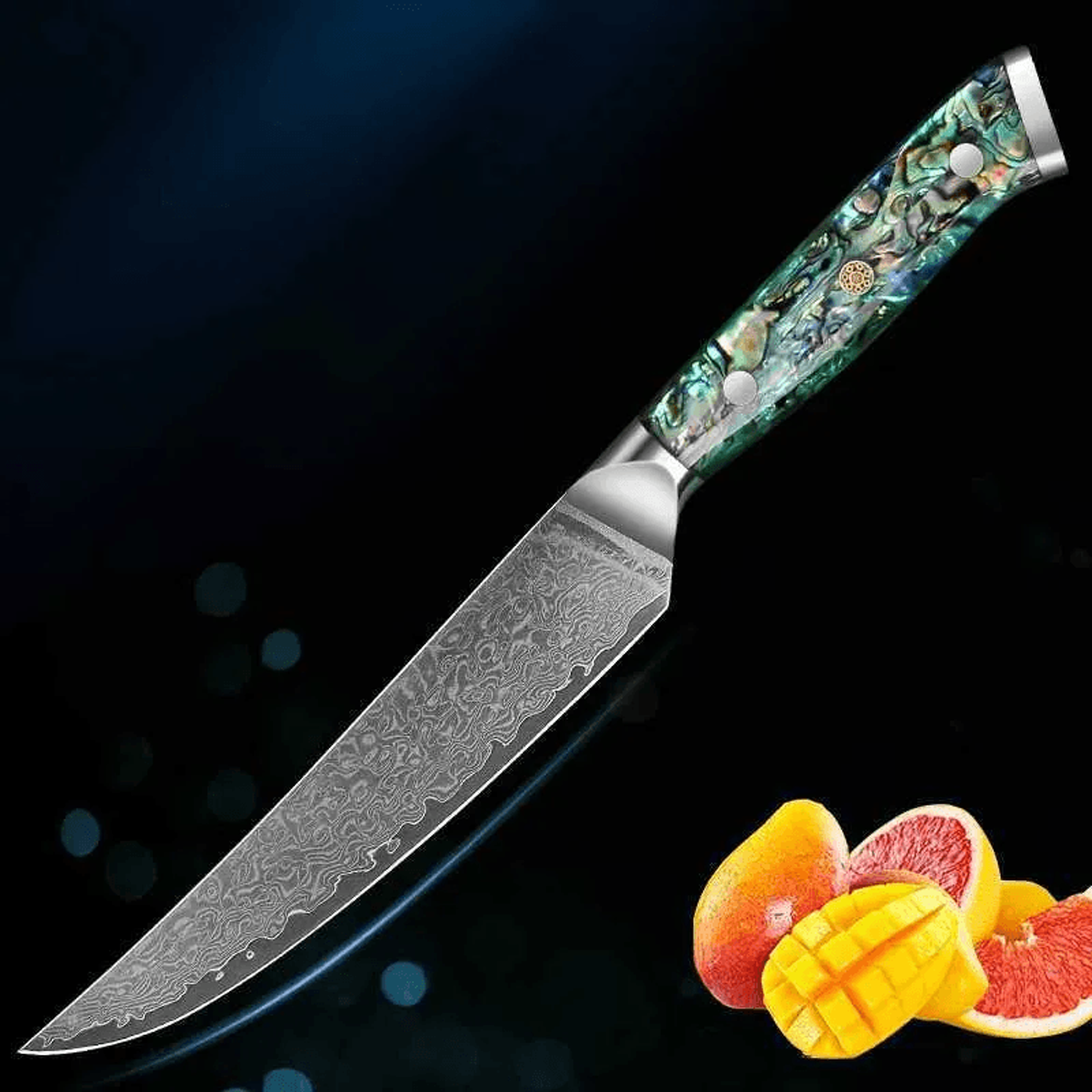 Damascus Steel Kitchen Knife Set With Abalone Shell Handles For Meat And Vegetable Prep 5