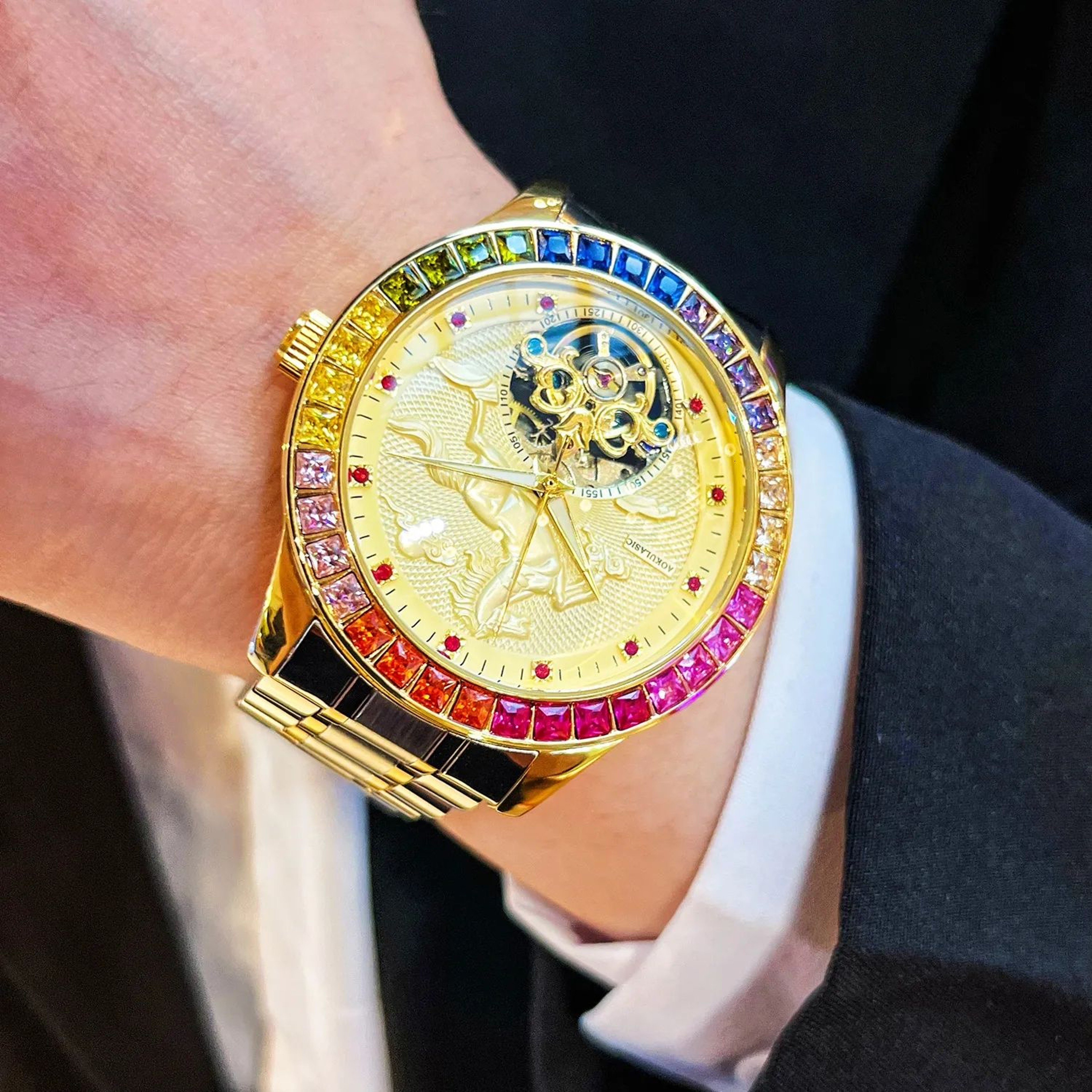 Mens Automatic Mechanical Watch With Gold Stainless Steel Band And Horse Design 2