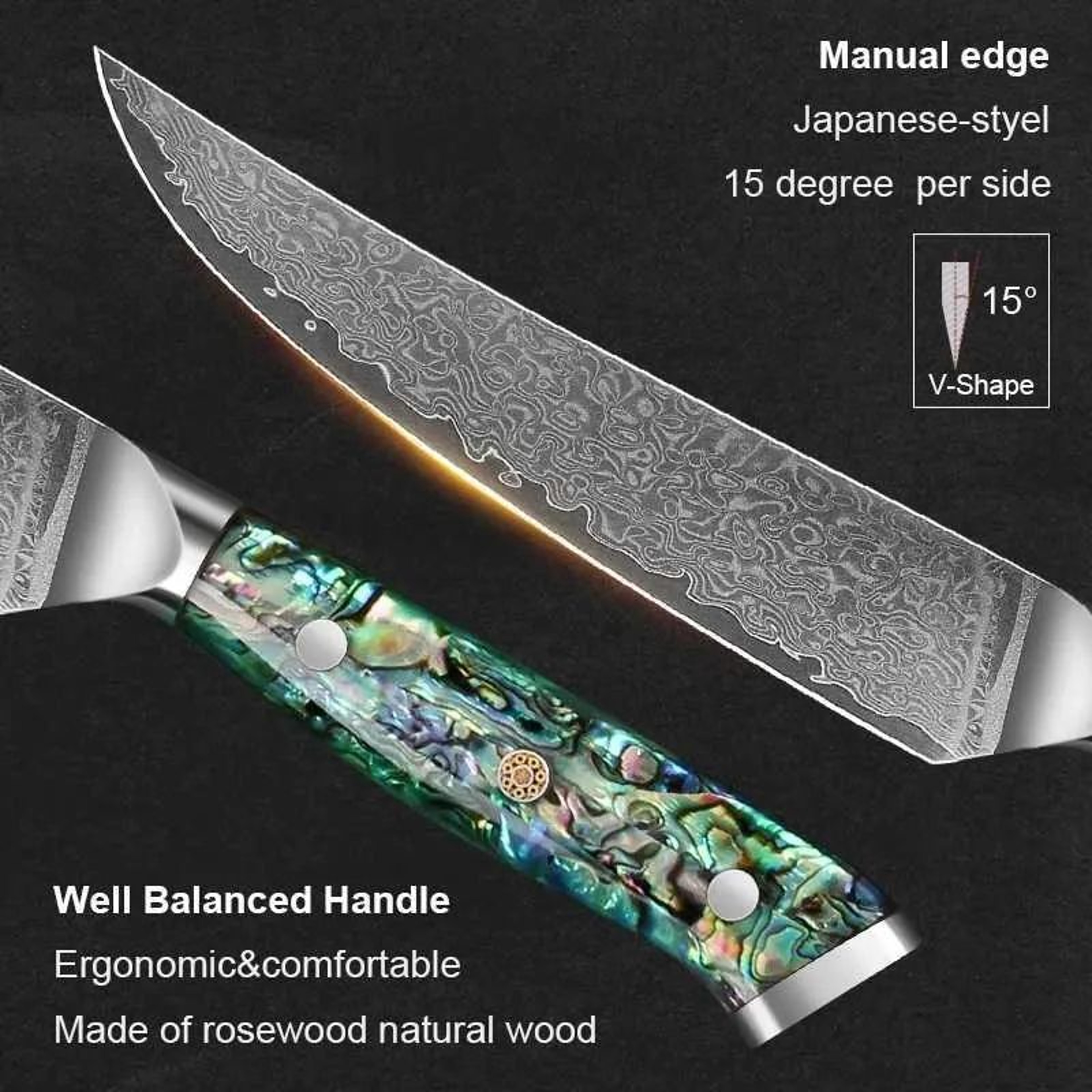 Damascus Steel Kitchen Knife Set With Abalone Shell Handle For Meat Fruits And Vegetables 5