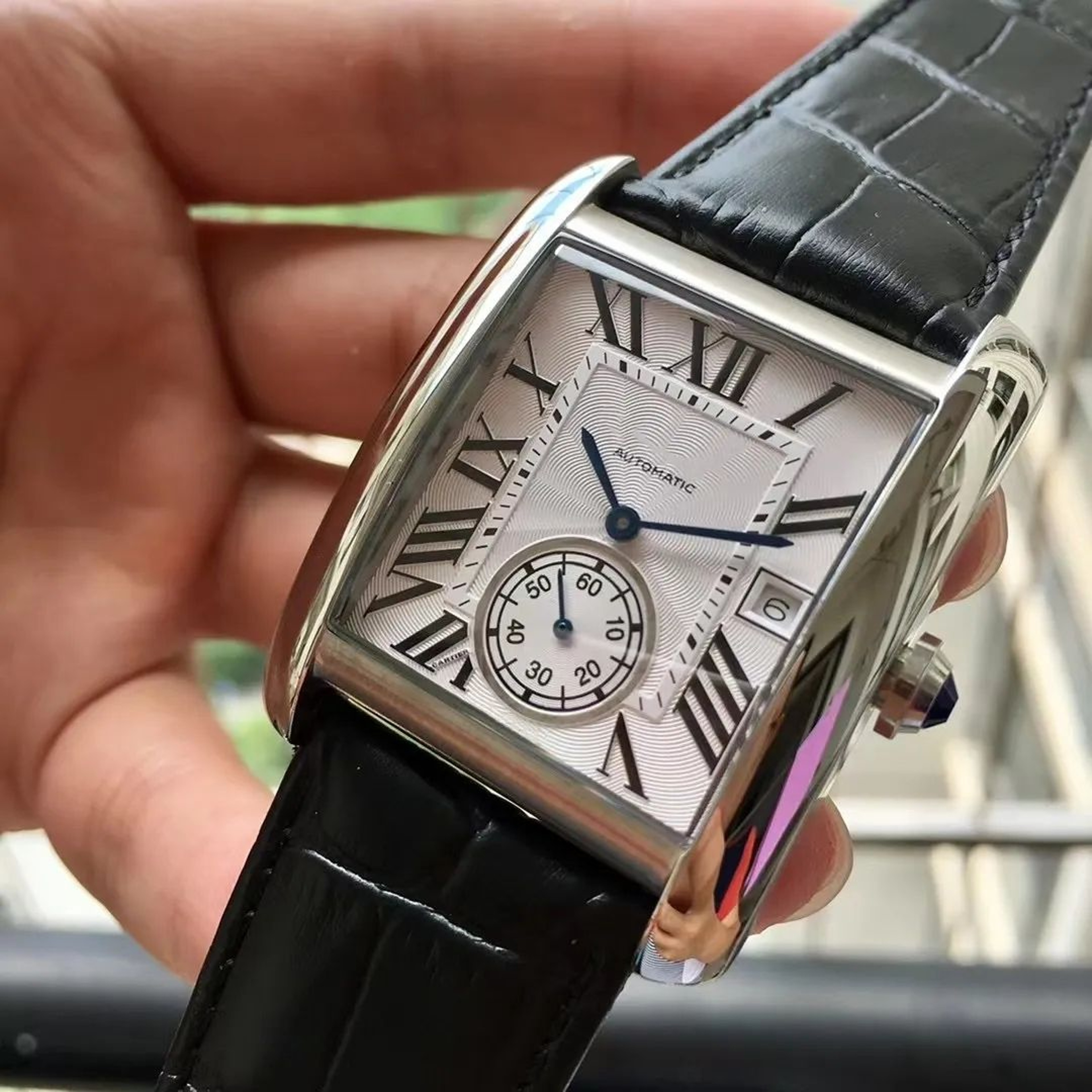 Mens Automatic Mechanical Tank Watch With Rectangular Dial And Black Leather Strap 0