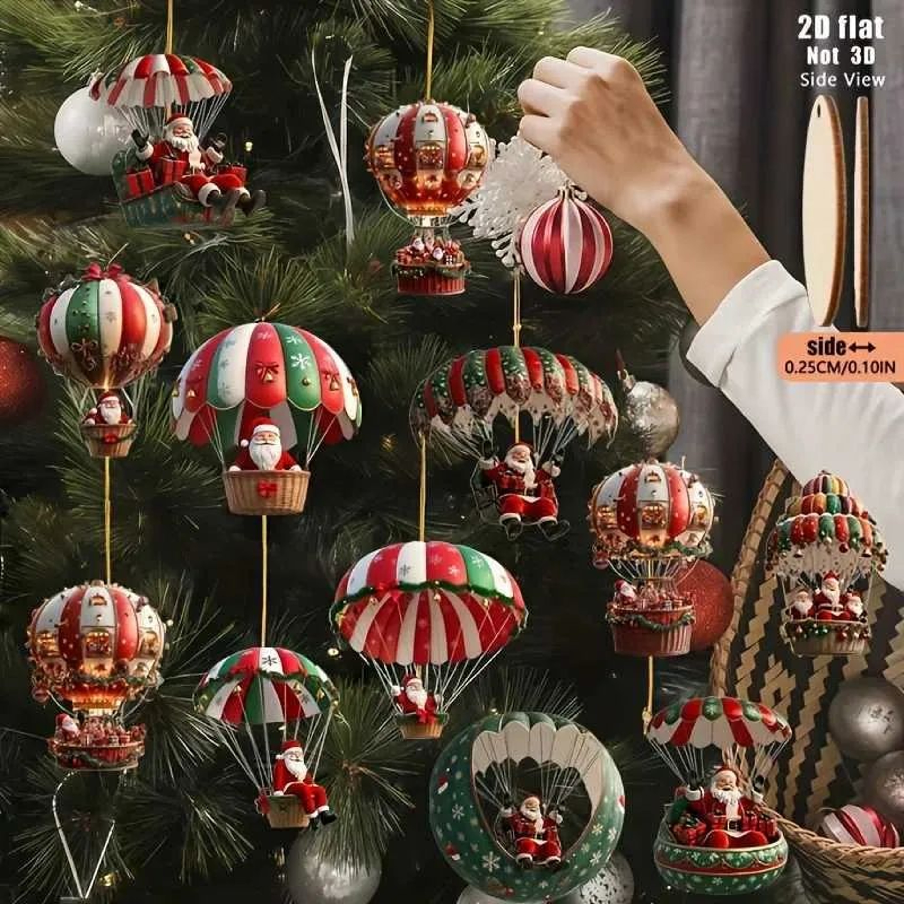 Christmas Tree Hanging Ornament Set With Santa Claus And Hot Air Balloon Designs 3