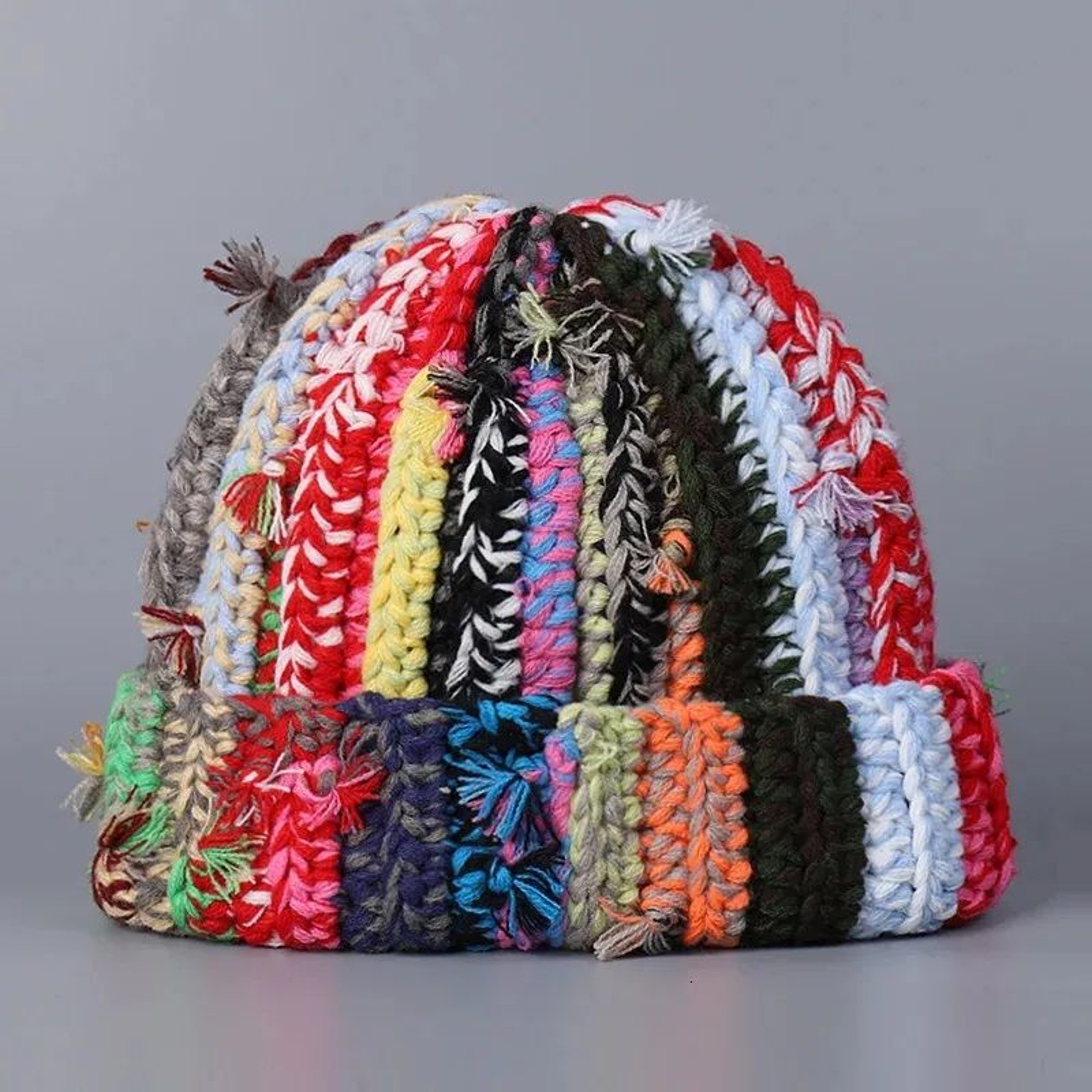 Handmade Wool Beanie Hat With Multi Strand Twist Knit And Mixed Colors 1