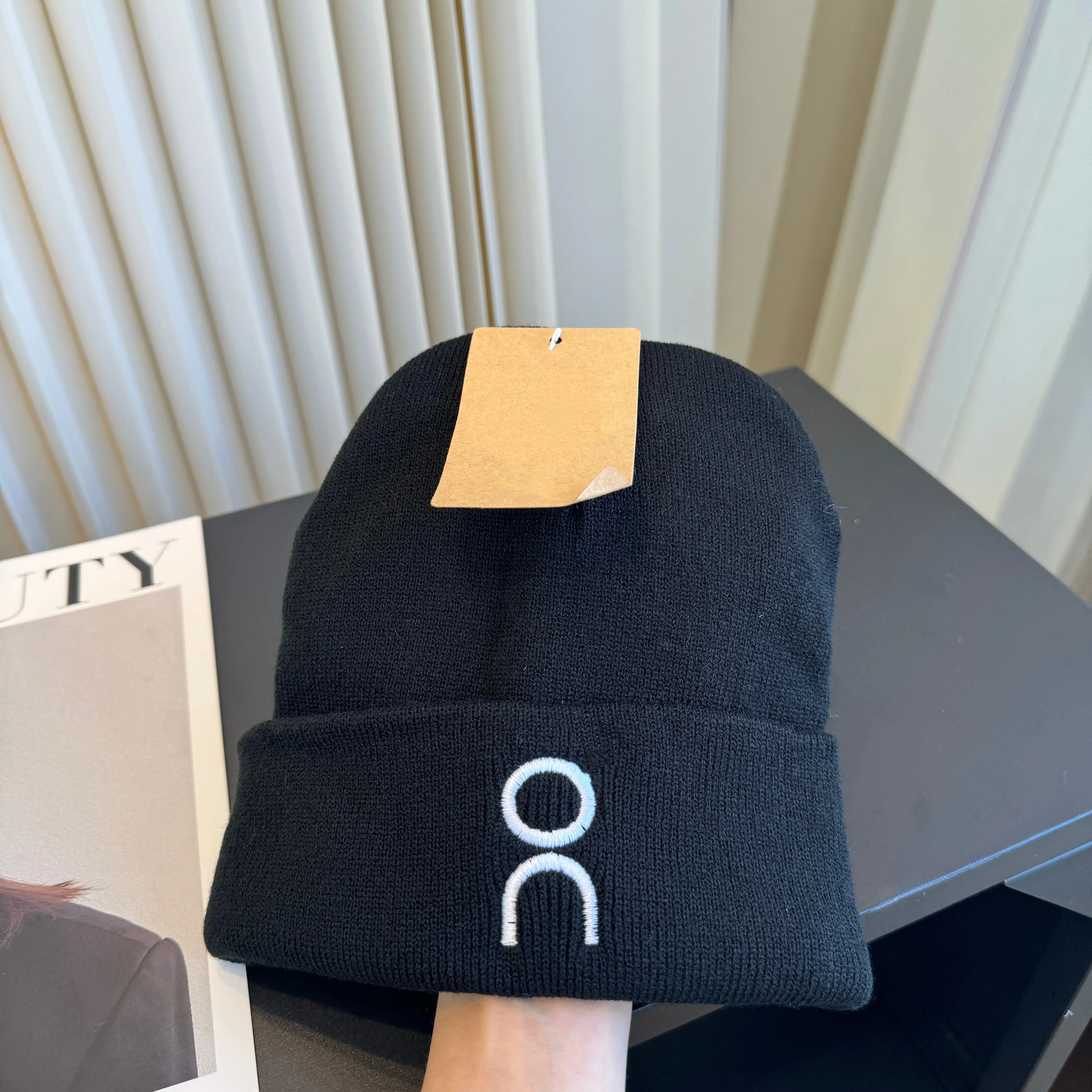 Unisex Cuffed Knit Beanie Hat With White Embroidery For Winter Outdoor Wear 0