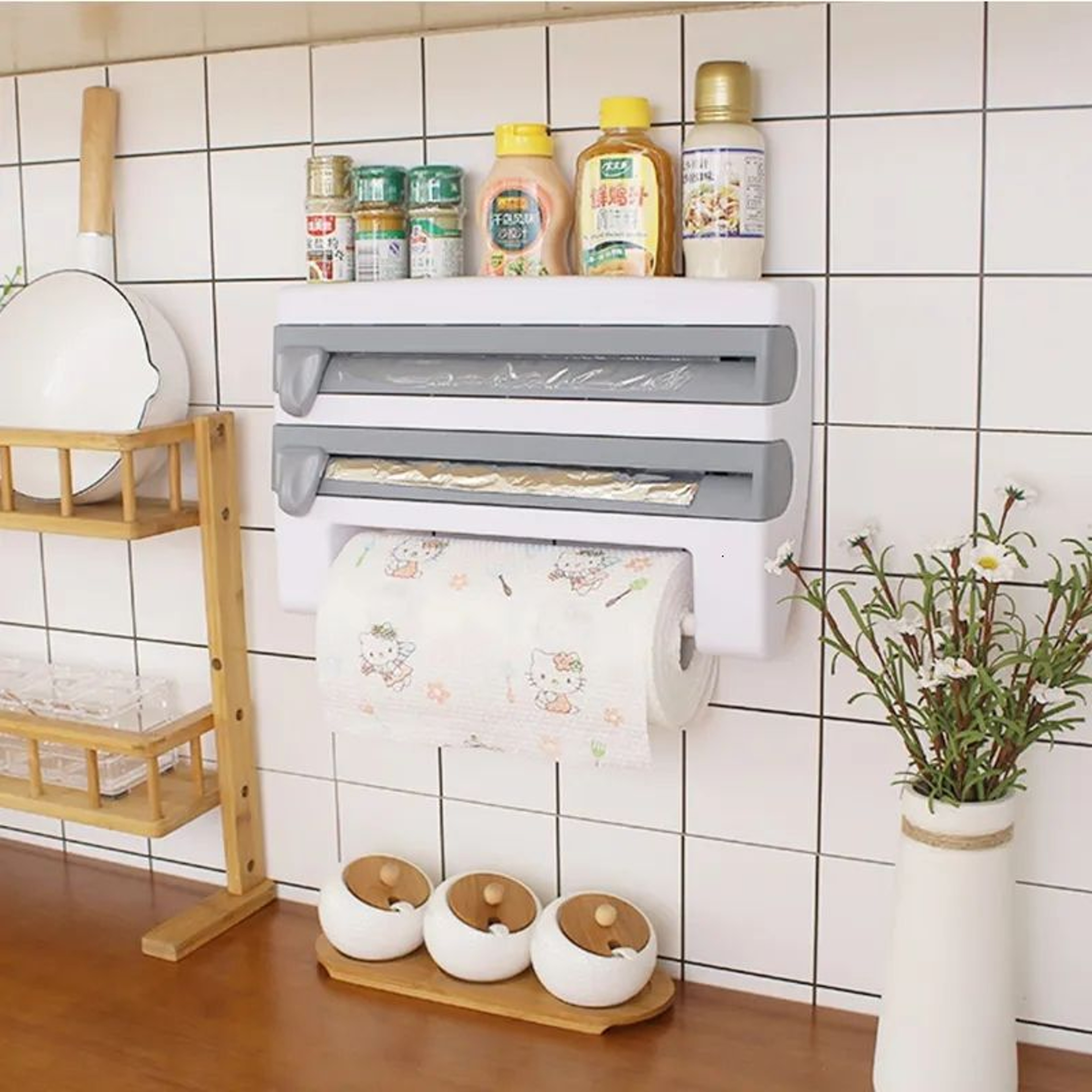 Wall Mounted Cling Wrap Dispenser With Slide Cutter And Kitchen Storage Shelf 1
