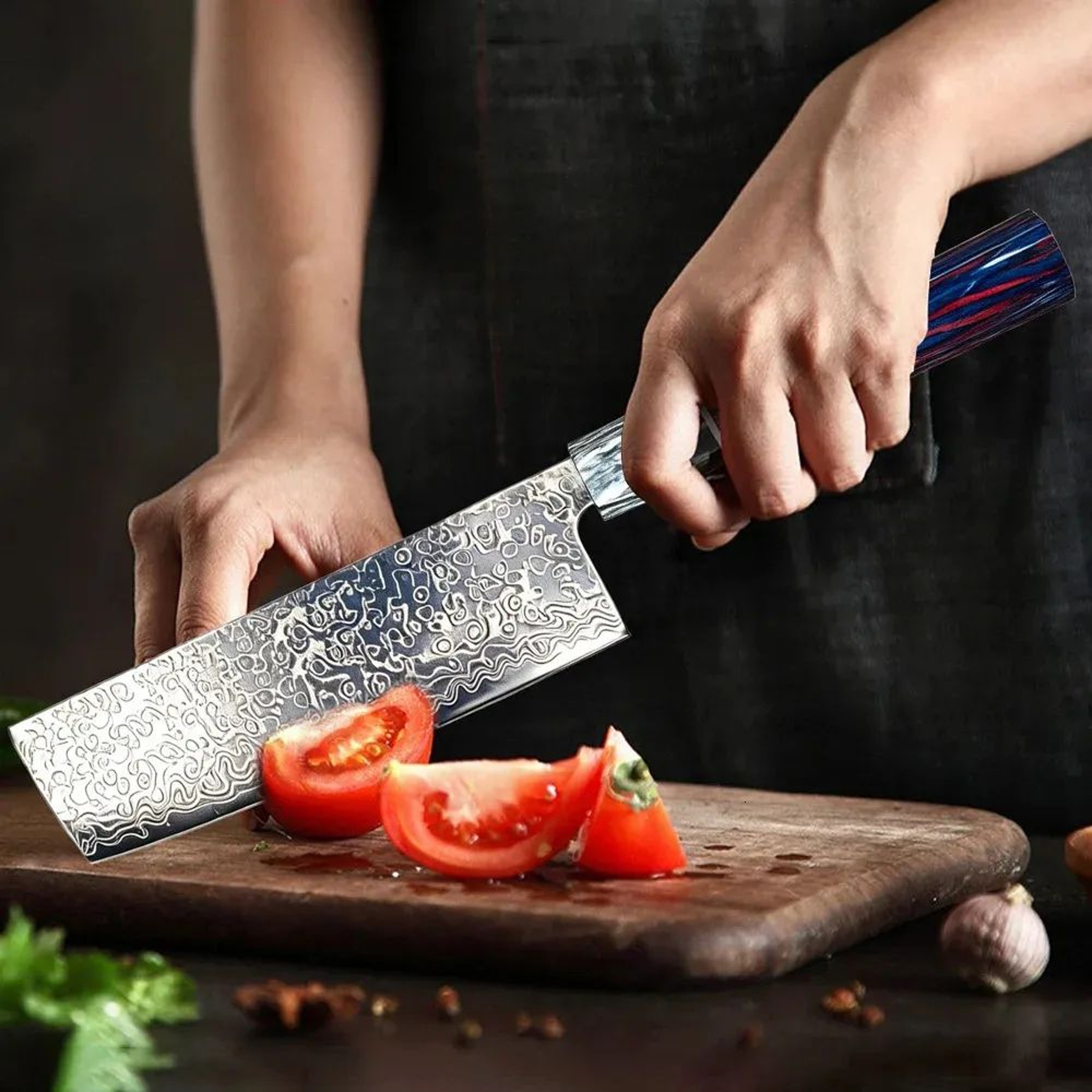 Damascus Pattern Kitchen Knife Set With Multicolor Handles For Vegetable Preparation 3