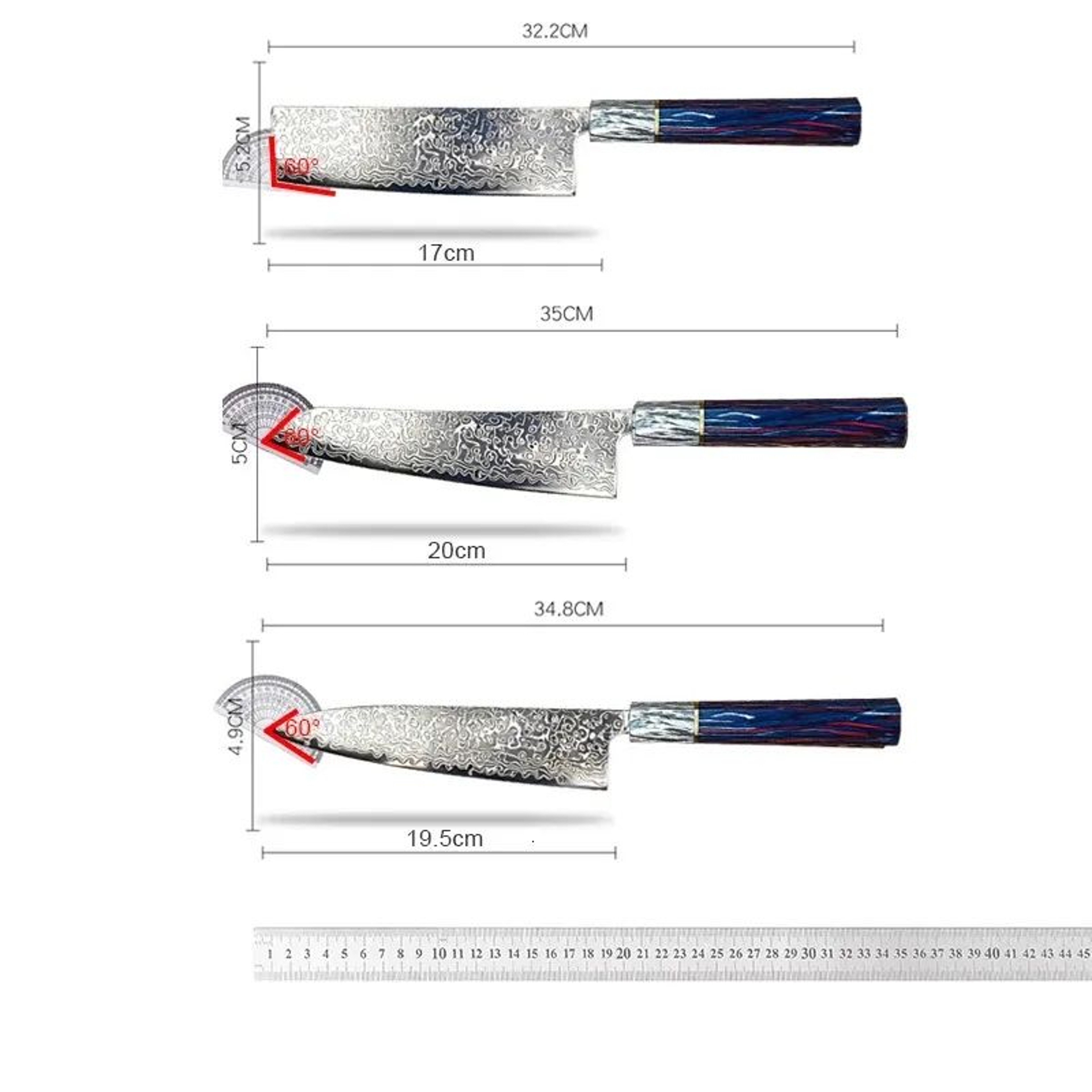 Damascus Pattern Kitchen Knife Set With Multicolor Handles For Vegetable Preparation 5