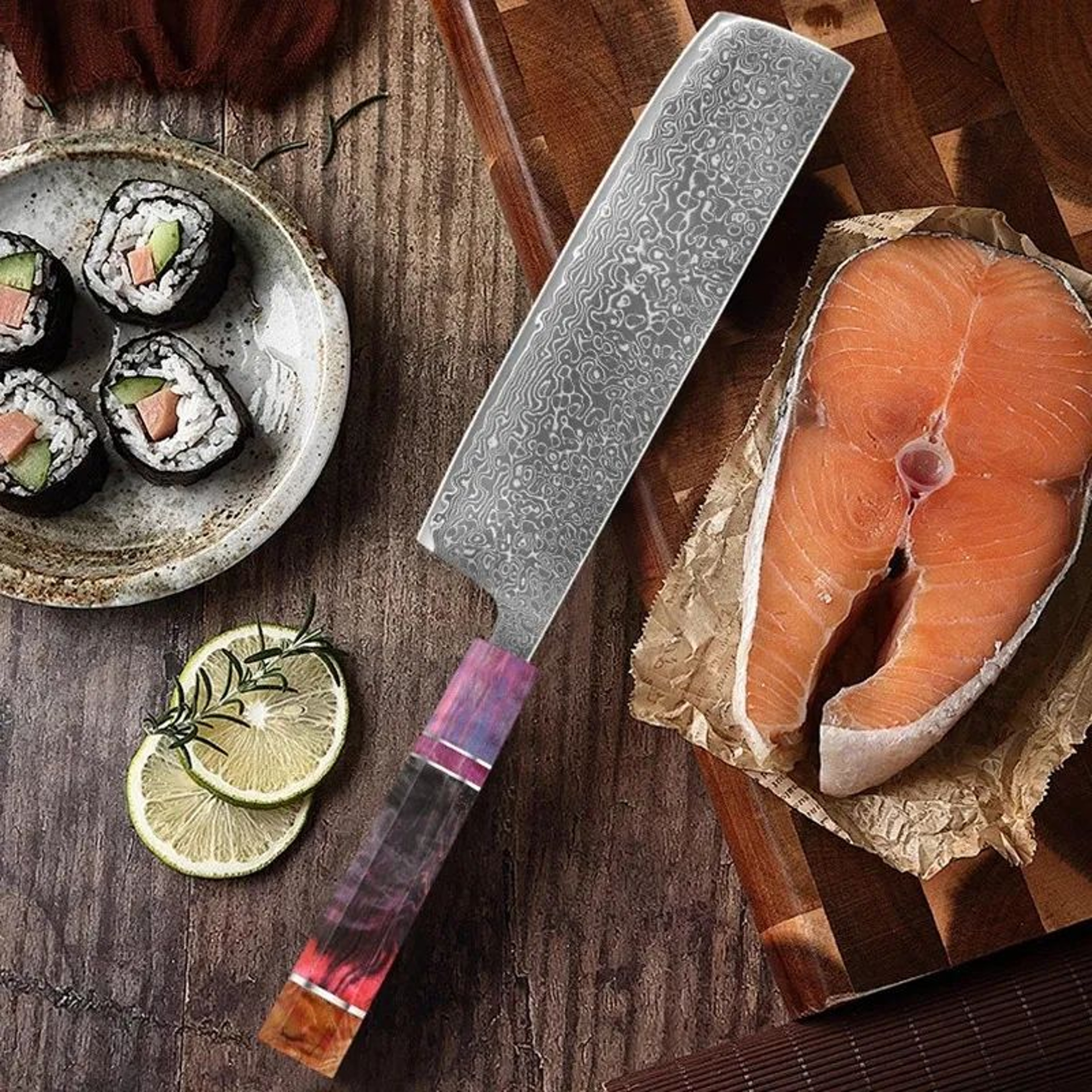 Damascus Steel Kitchen Knife Set With Wood Handles Japanese Chef Knives 0