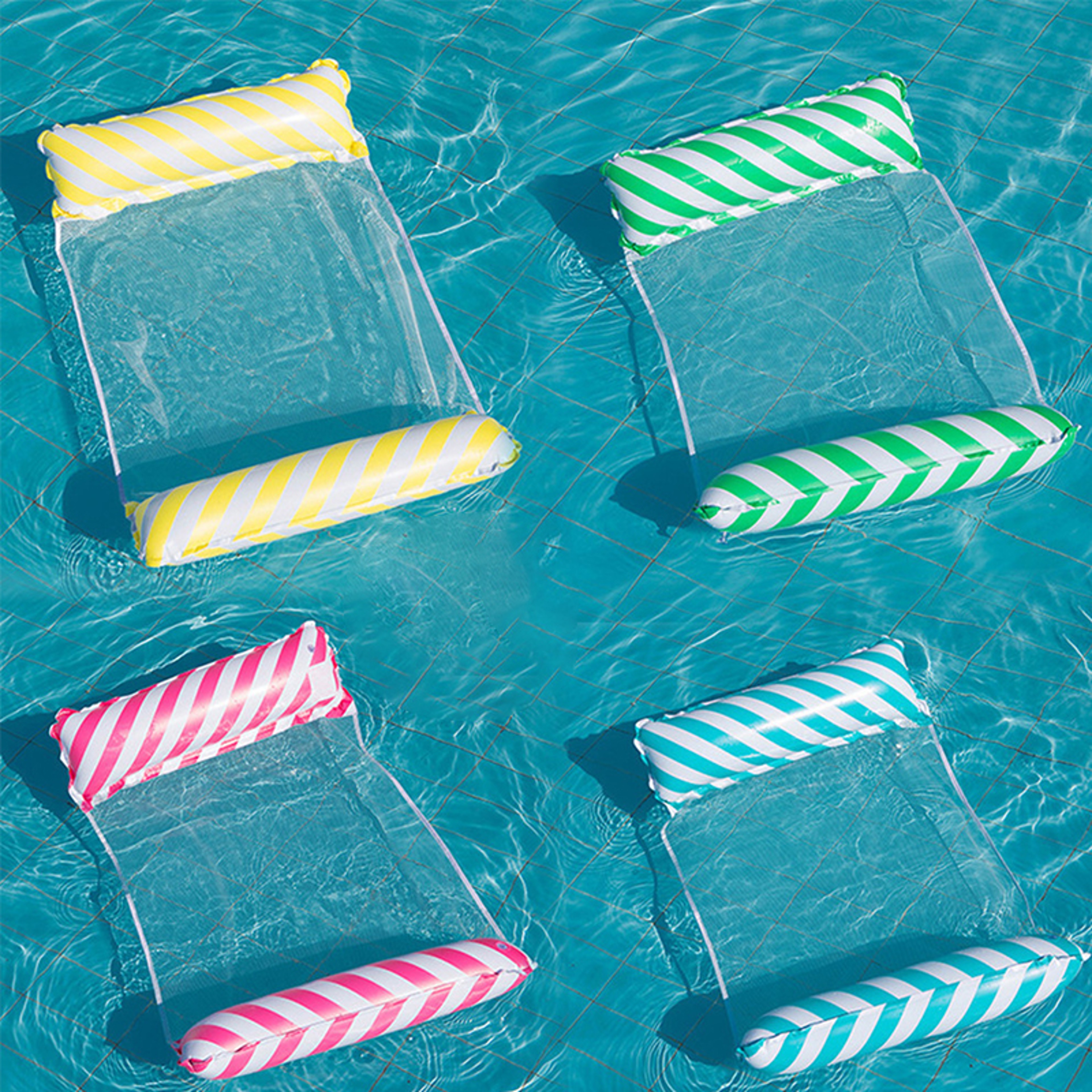 Foldable Striped Inflatable Pool Lounger With Mesh Backrest For Beach And Pool Relaxing 2