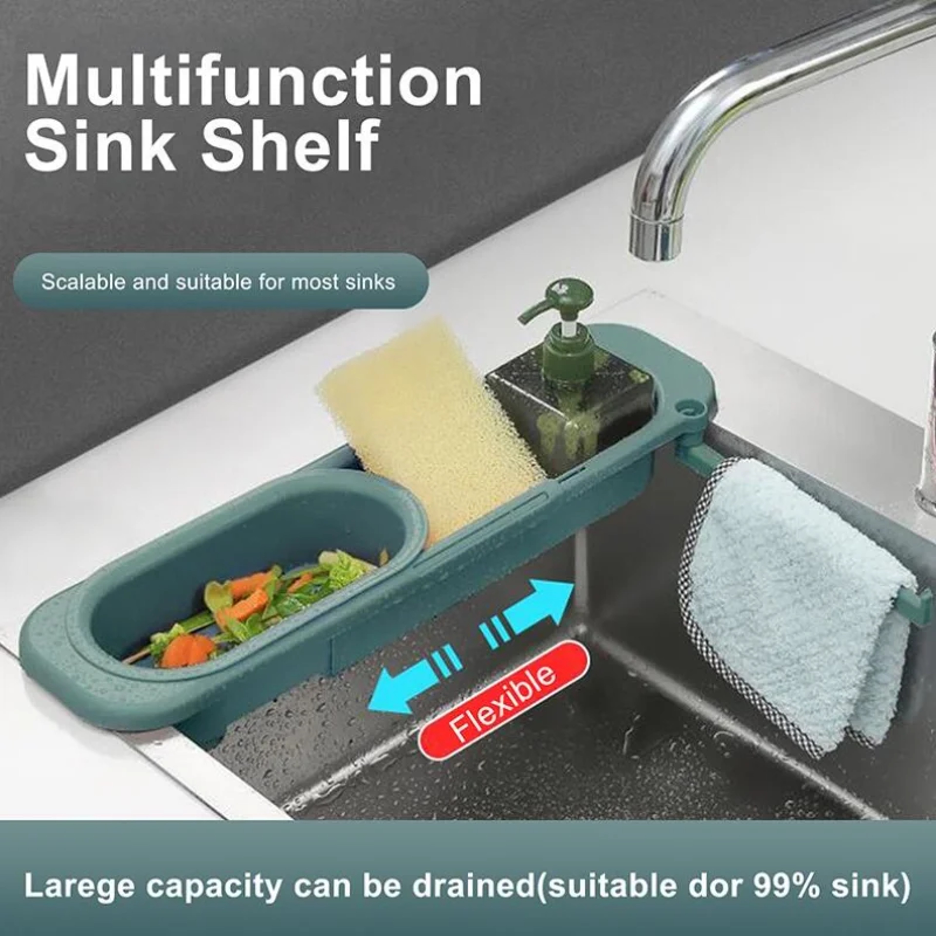 Adjustable Over Sink Dish Drainer Basket with Kitchen Sink Organizer Rack – view 1