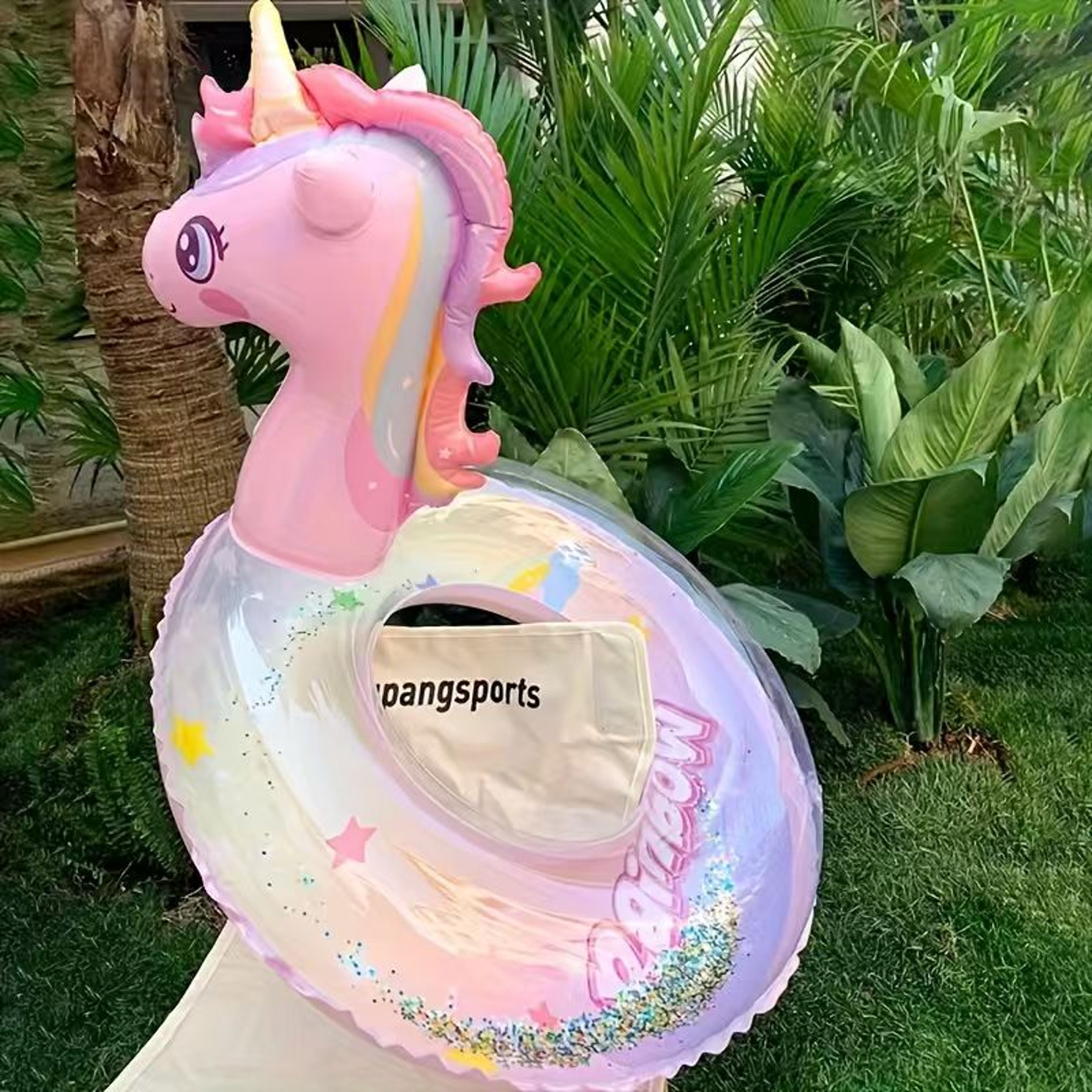 Inflatable Unicorn Pool Float with Rainbow Glitter Design – view 3