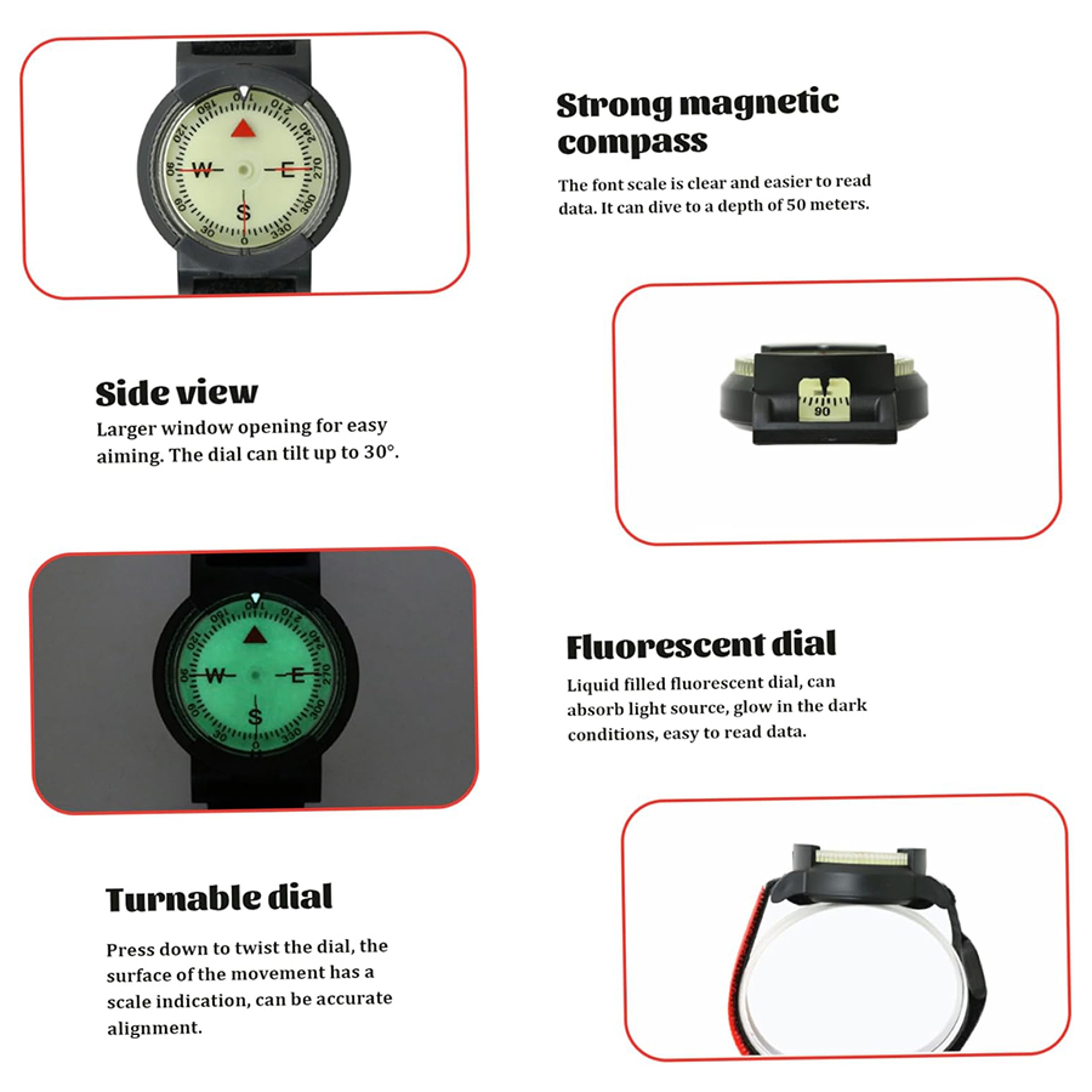 Professional Diving Compass Watch Waterproof Navigation Gear with Night Light – view 2