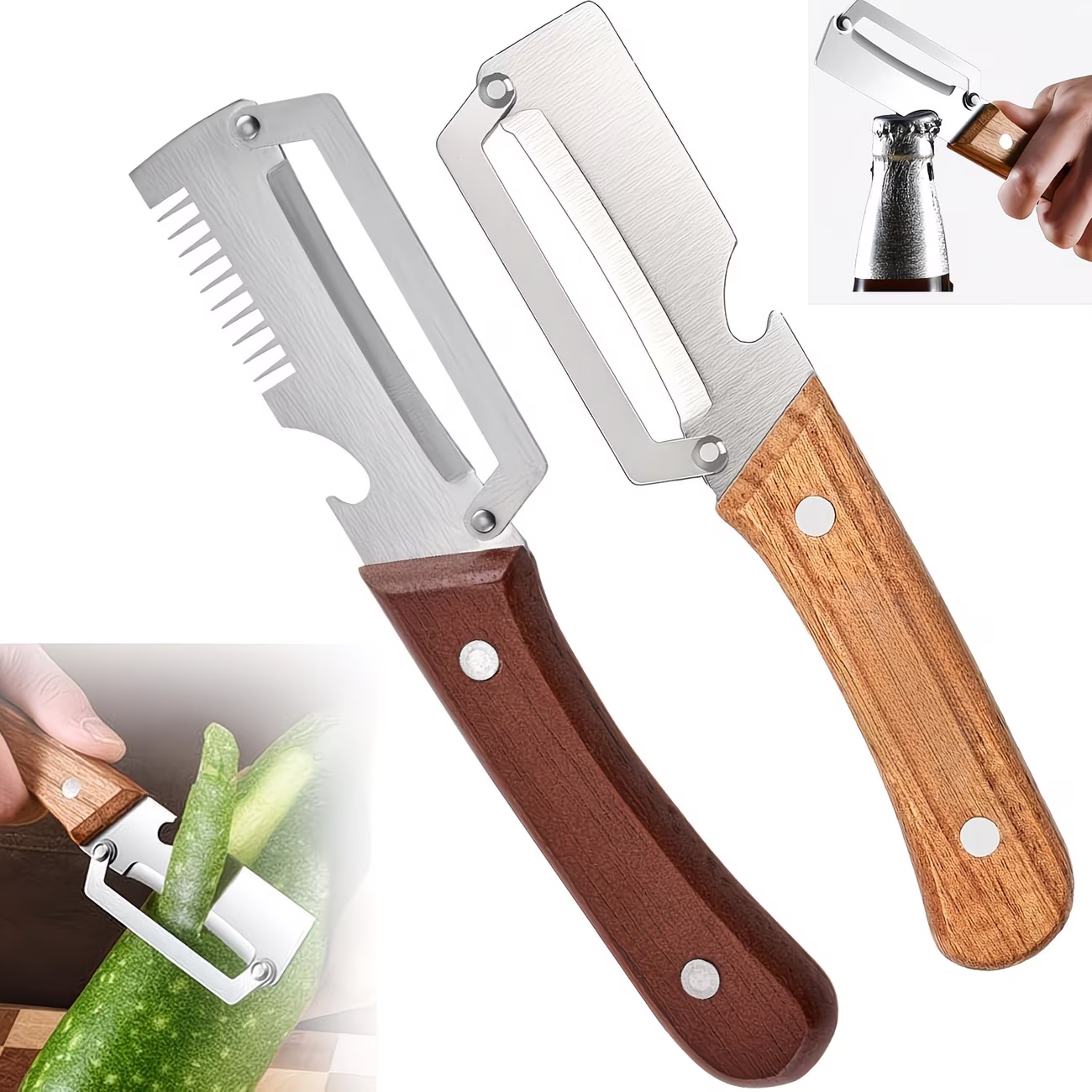 Multifunctional Wooden Handle Vegetable Peeler with Bottle Opener Kitchen Tool – view 1