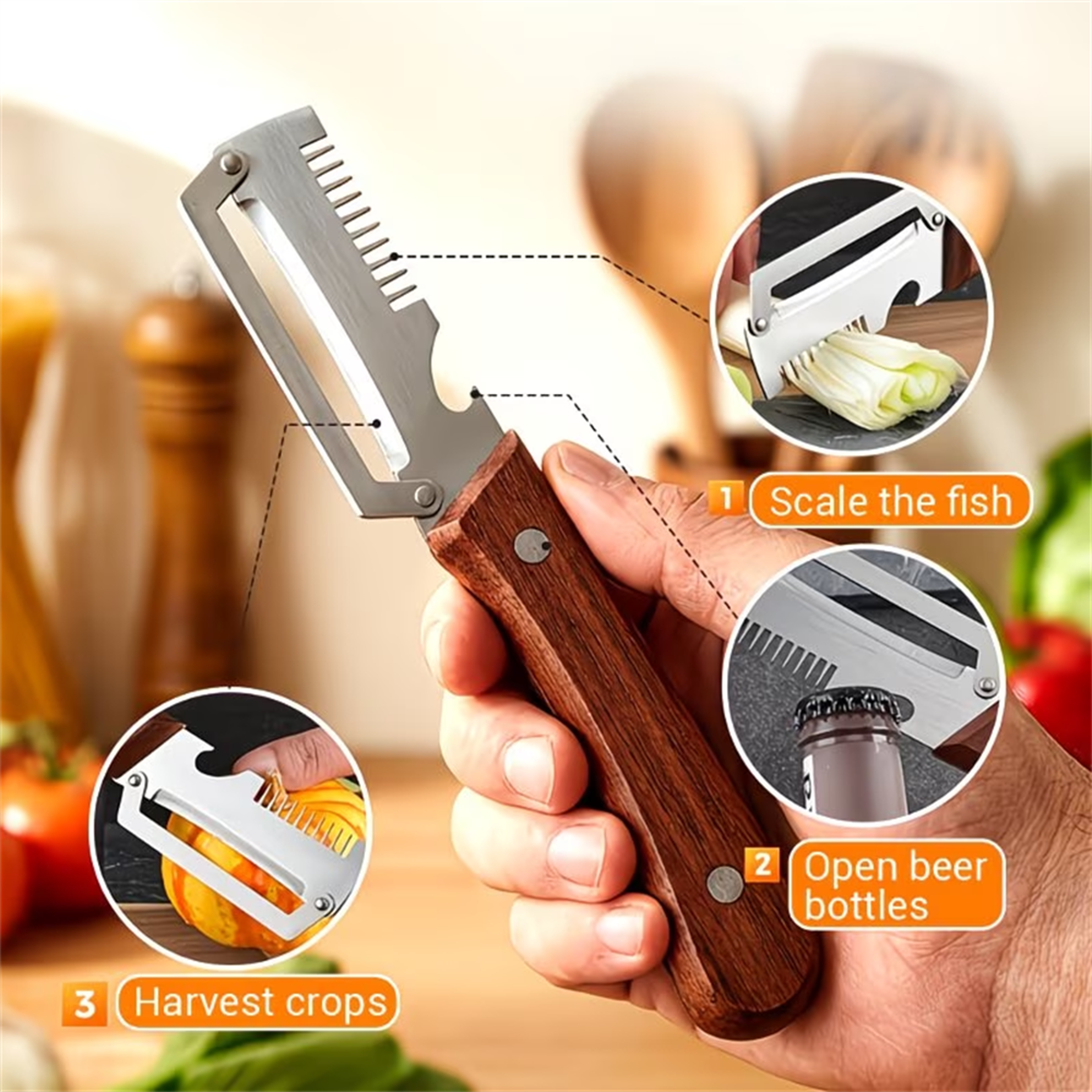 Multifunctional Wooden Handle Vegetable Peeler with Bottle Opener Kitchen Tool – view 3