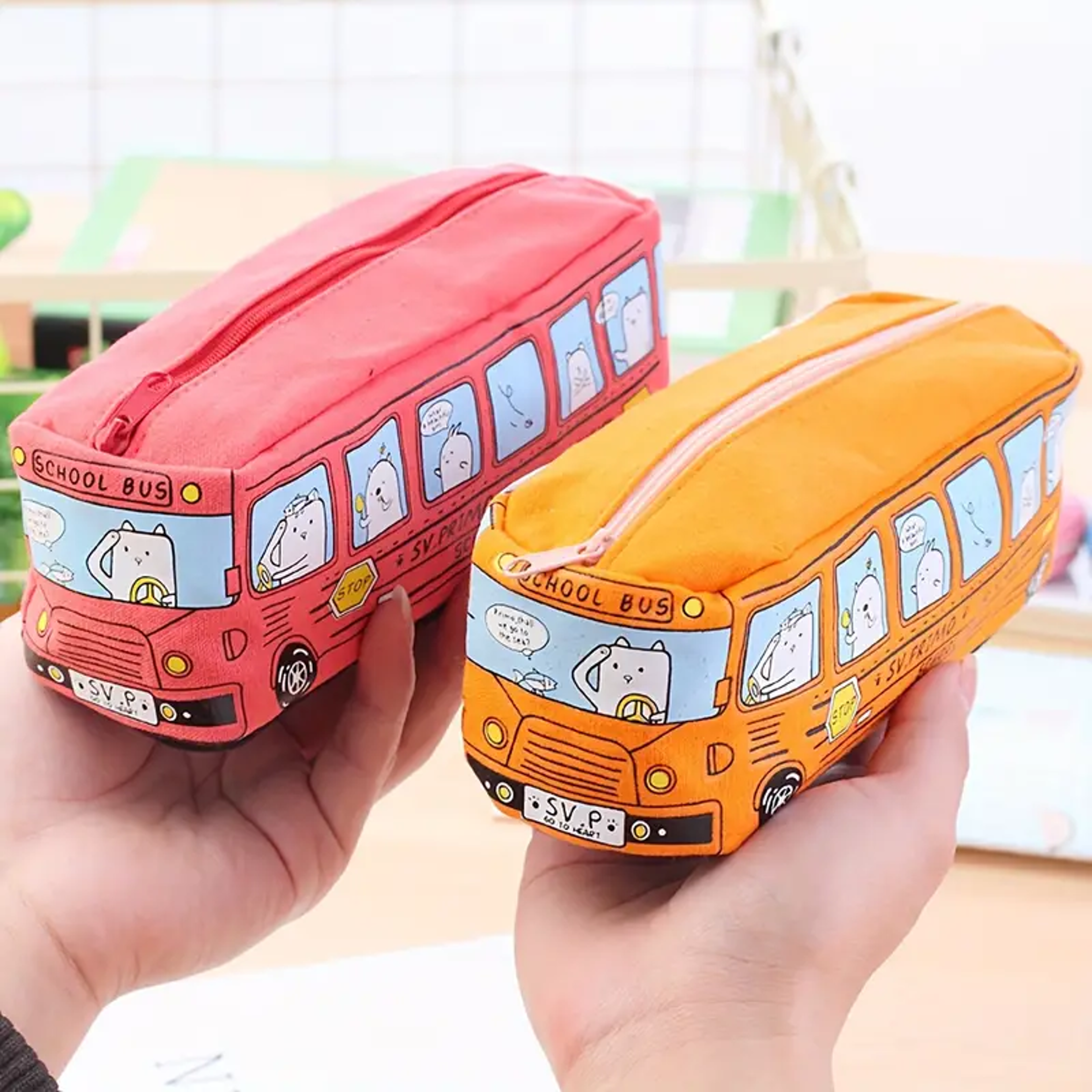 Creative School Bus Pencil Case Large Capacity Canvas Pencil Bag For Students 2