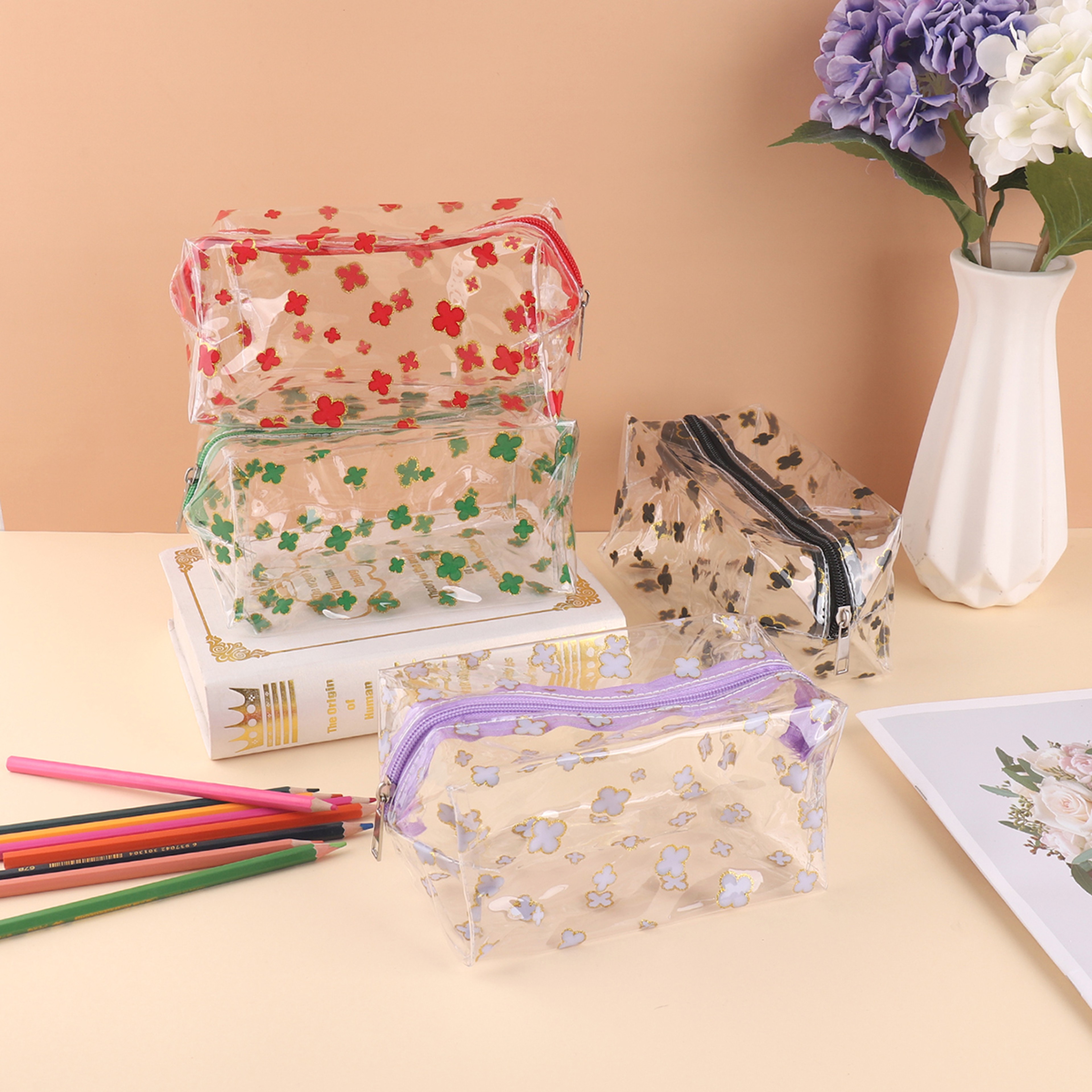 Clear Glitter Four Leaf Clover Waterproof Pencil Case Makeup Organizer Pouch 2