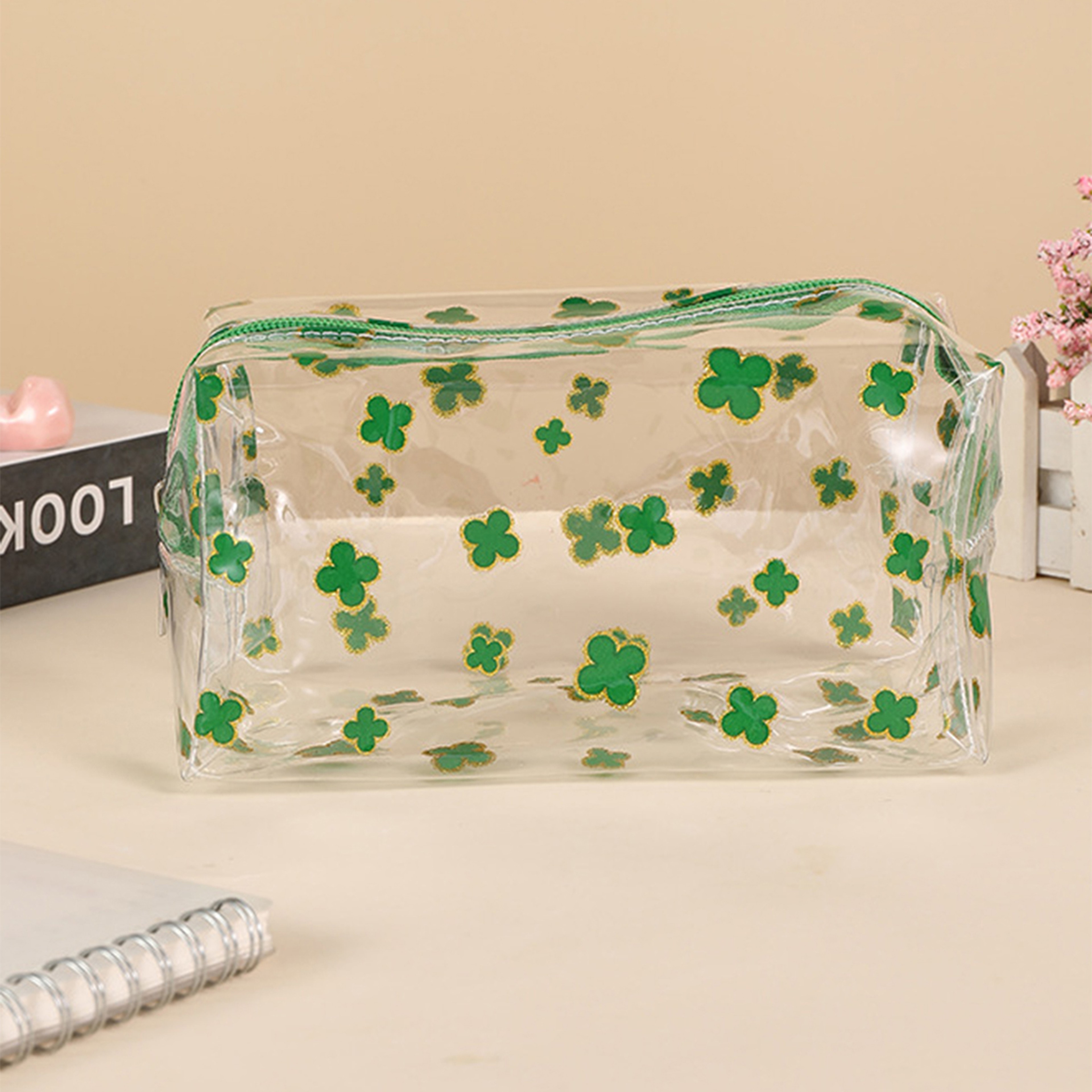 Clear Glitter Four Leaf Clover Waterproof Pencil Case Makeup Organizer Pouch 8