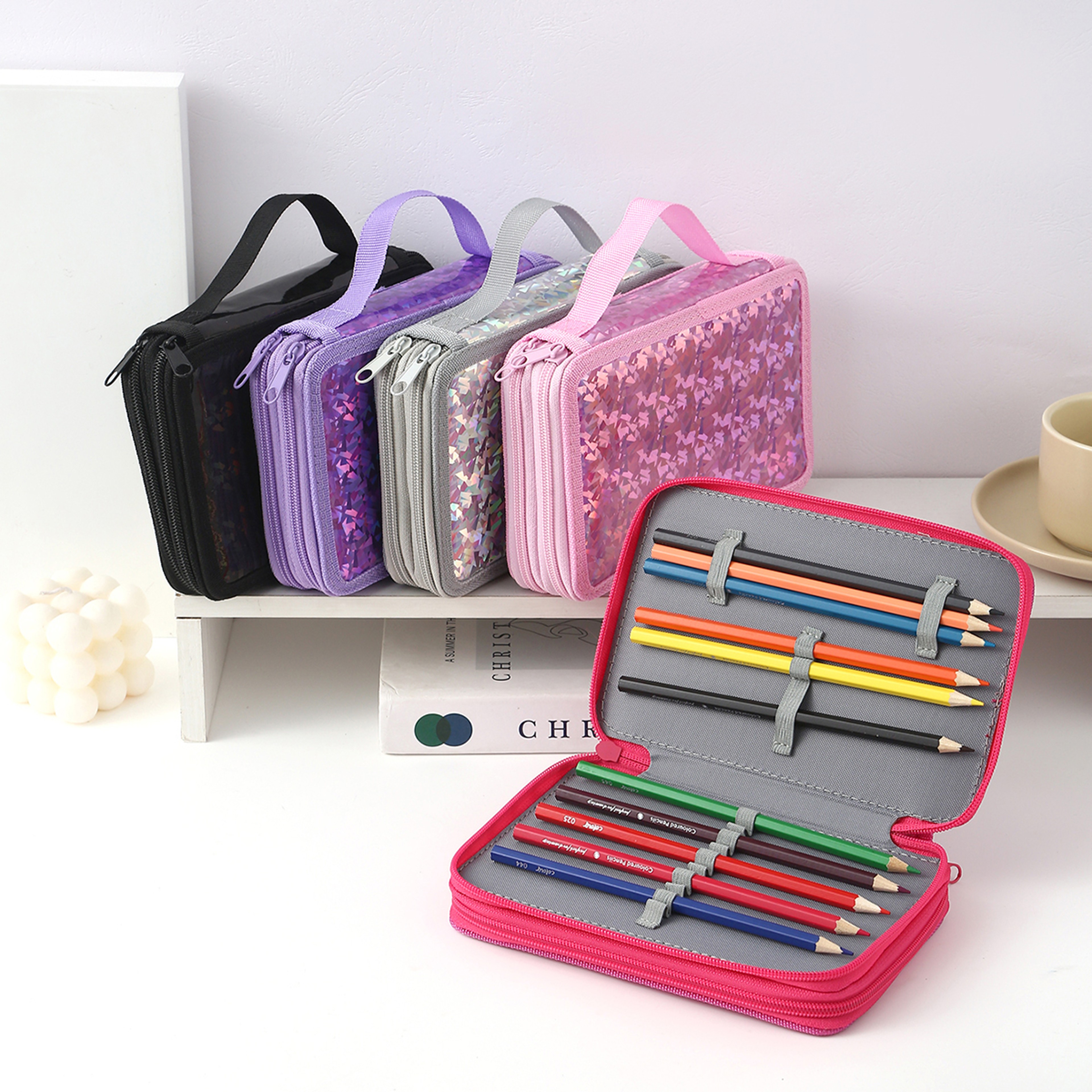 Large Capacity Double Layer Pencil Case With Laser Print Organizer For School Office 0
