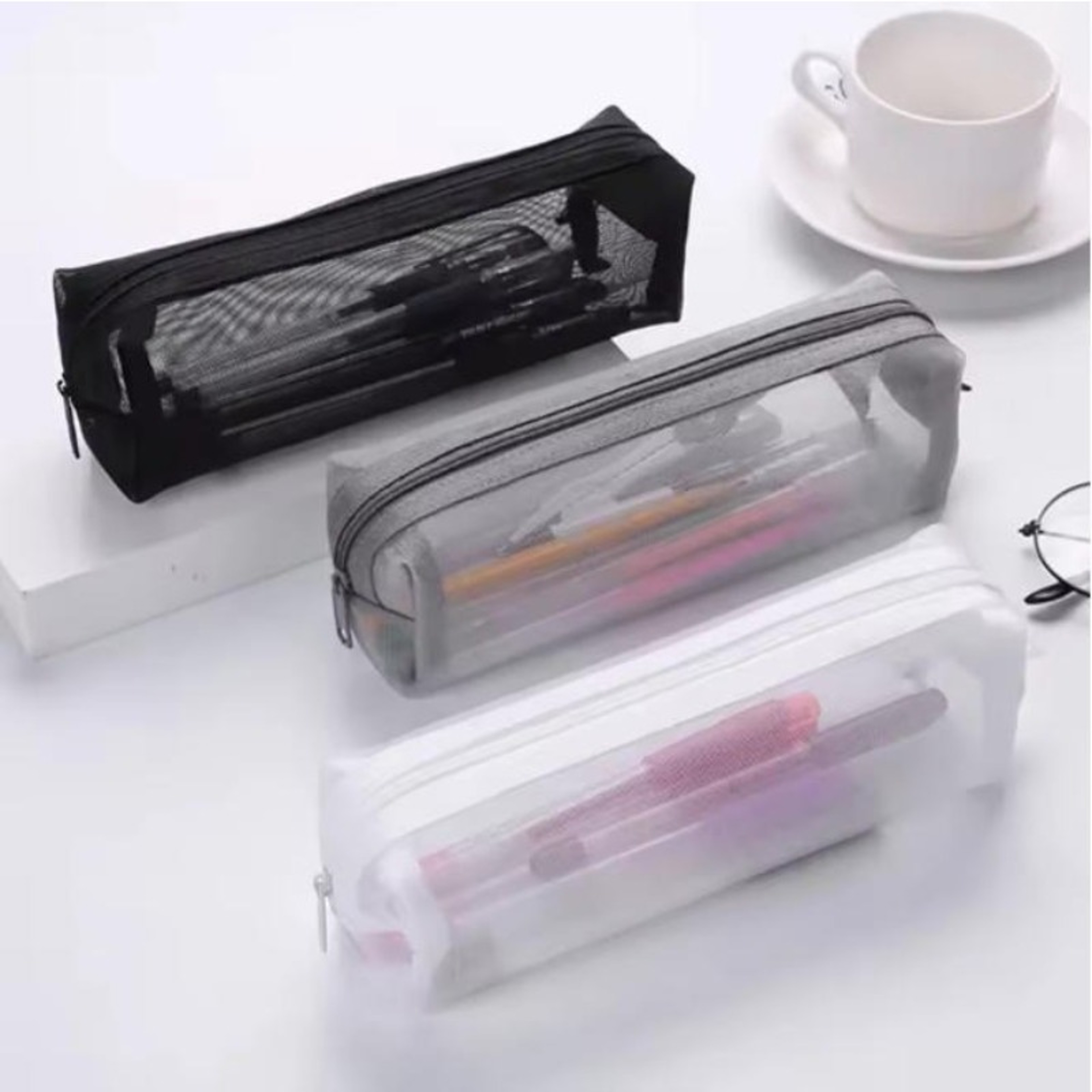 Transparent Mesh Pencil Case Organizer With Cute Design For School Office Supplies 0