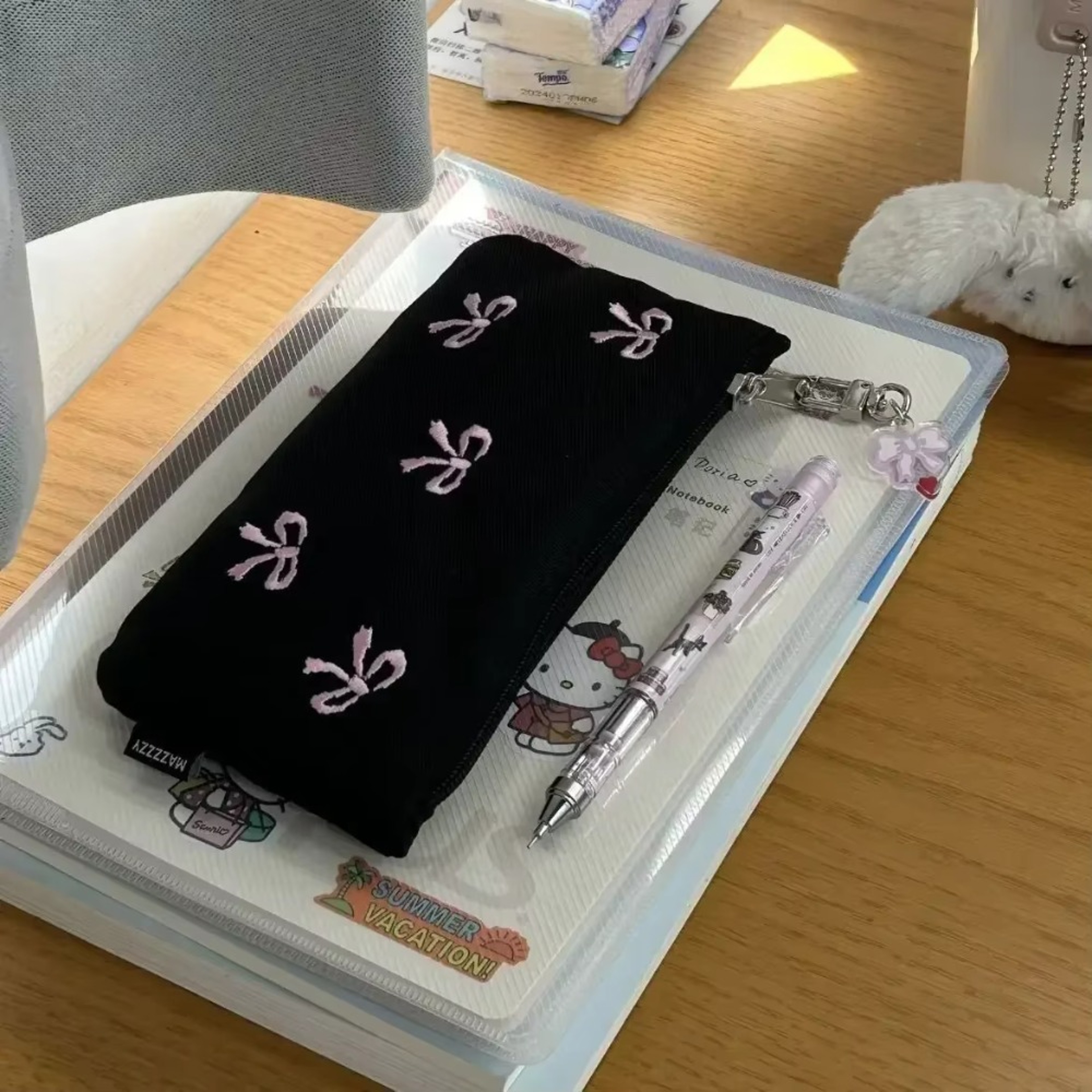 Elegant Black Bow Embroidery Pencil Case Portable Zipper Storage Pouch for Students – view 3