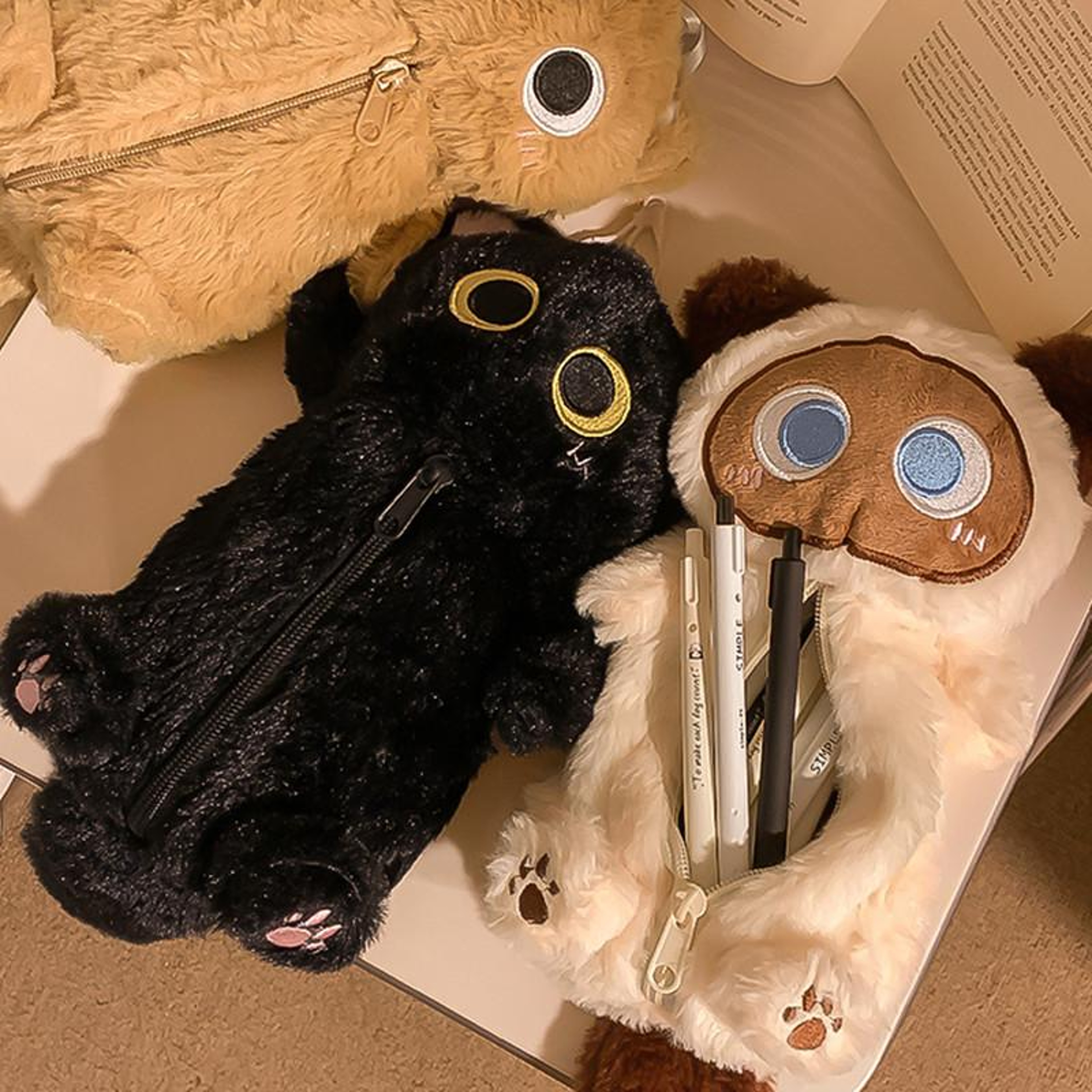 Big Eyed Cat Plush Pencil Case Large Capacity Soft Kawaii Stationery Bag 3