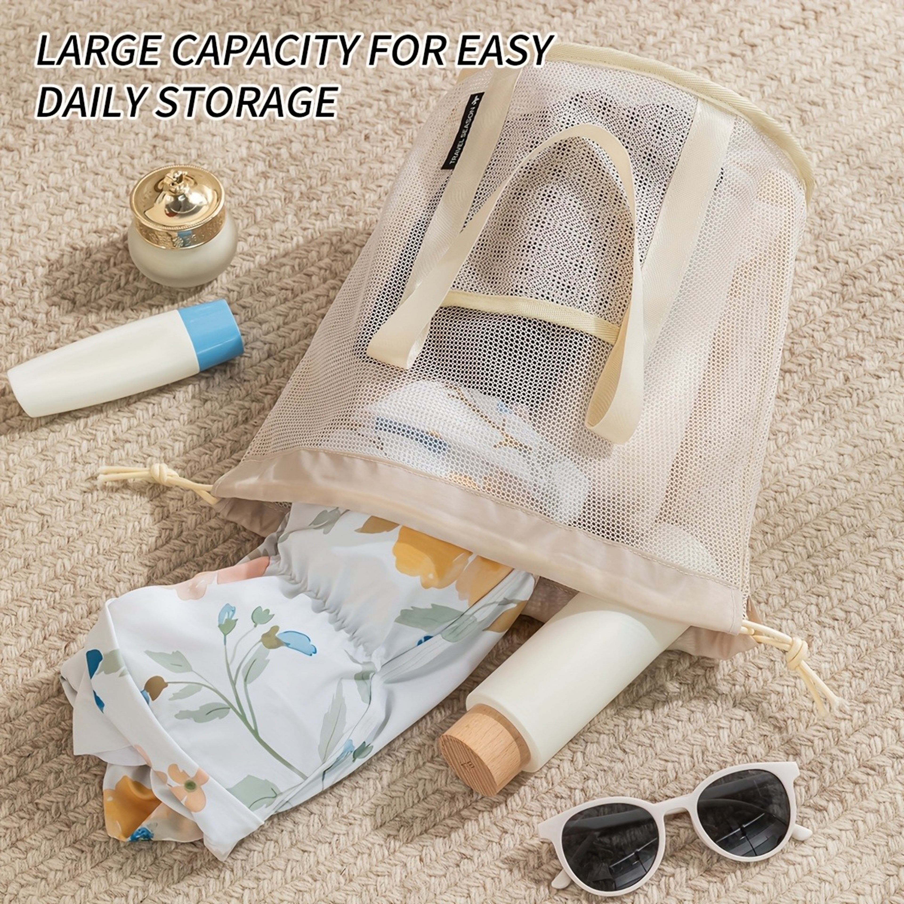 Large Capacity Mesh Beach Bag Shoulder Tote Drawstring Storage Pouch For Travel And Summer 2