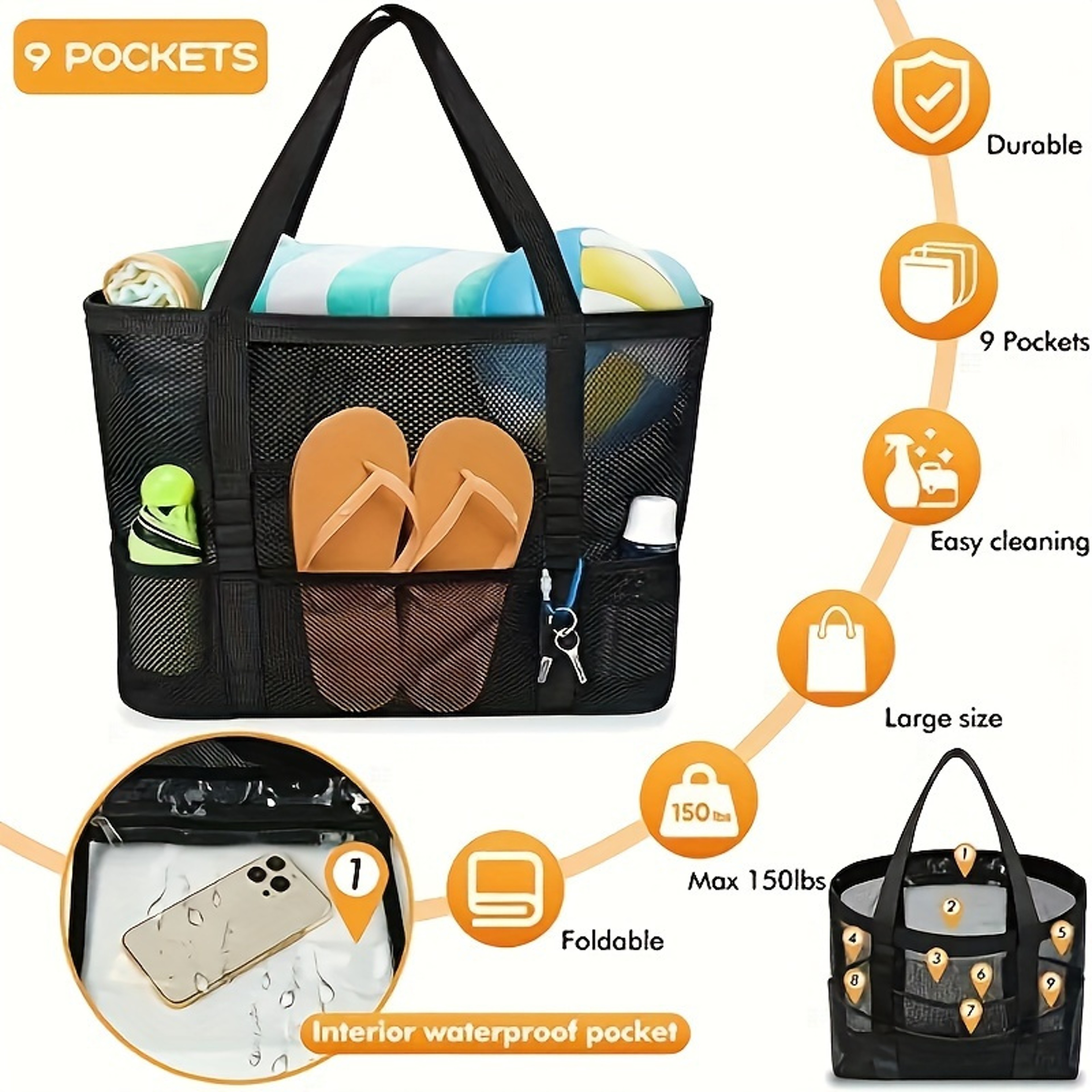 Large Capacity Mesh Beach Bag Waterproof Tote For Swimming Pool Gym Travel 1