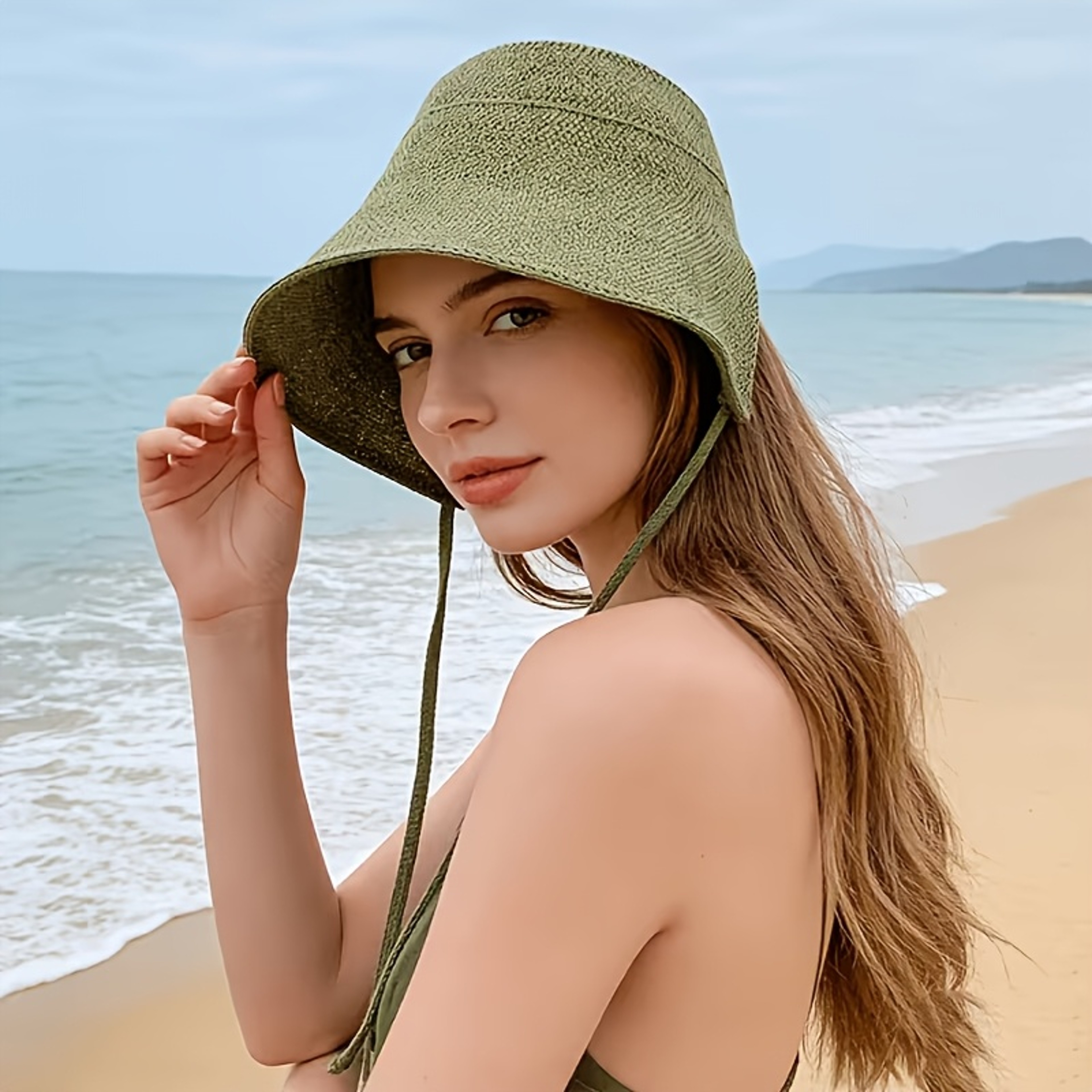 Ladies Straw Bucket Hat Adjustable Tie Sun Protection Hat For Summer Outdoor Travel 3