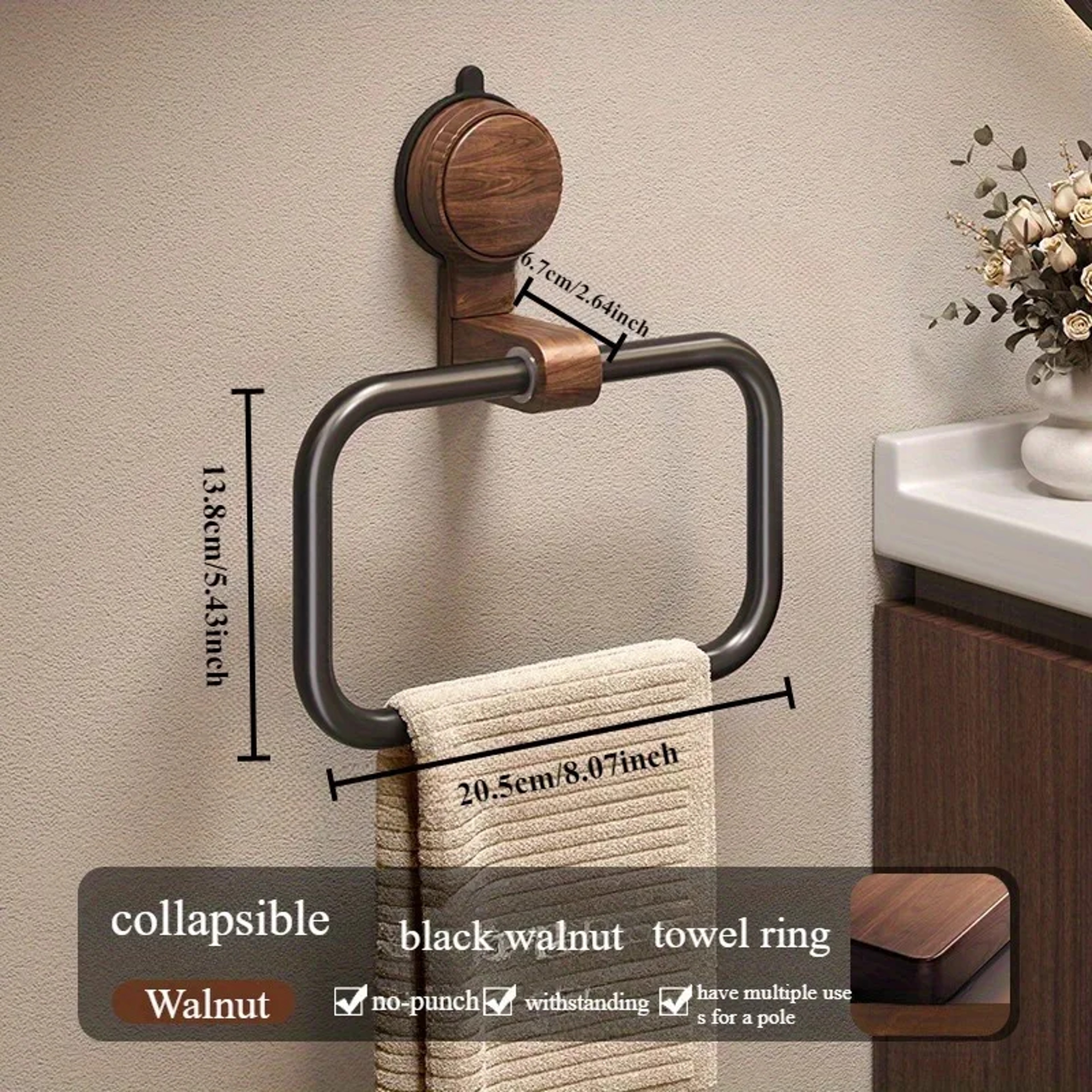Vintage No Drill Towel Ring Walnut Wood Suction Cup Bathroom Towel Holder 3