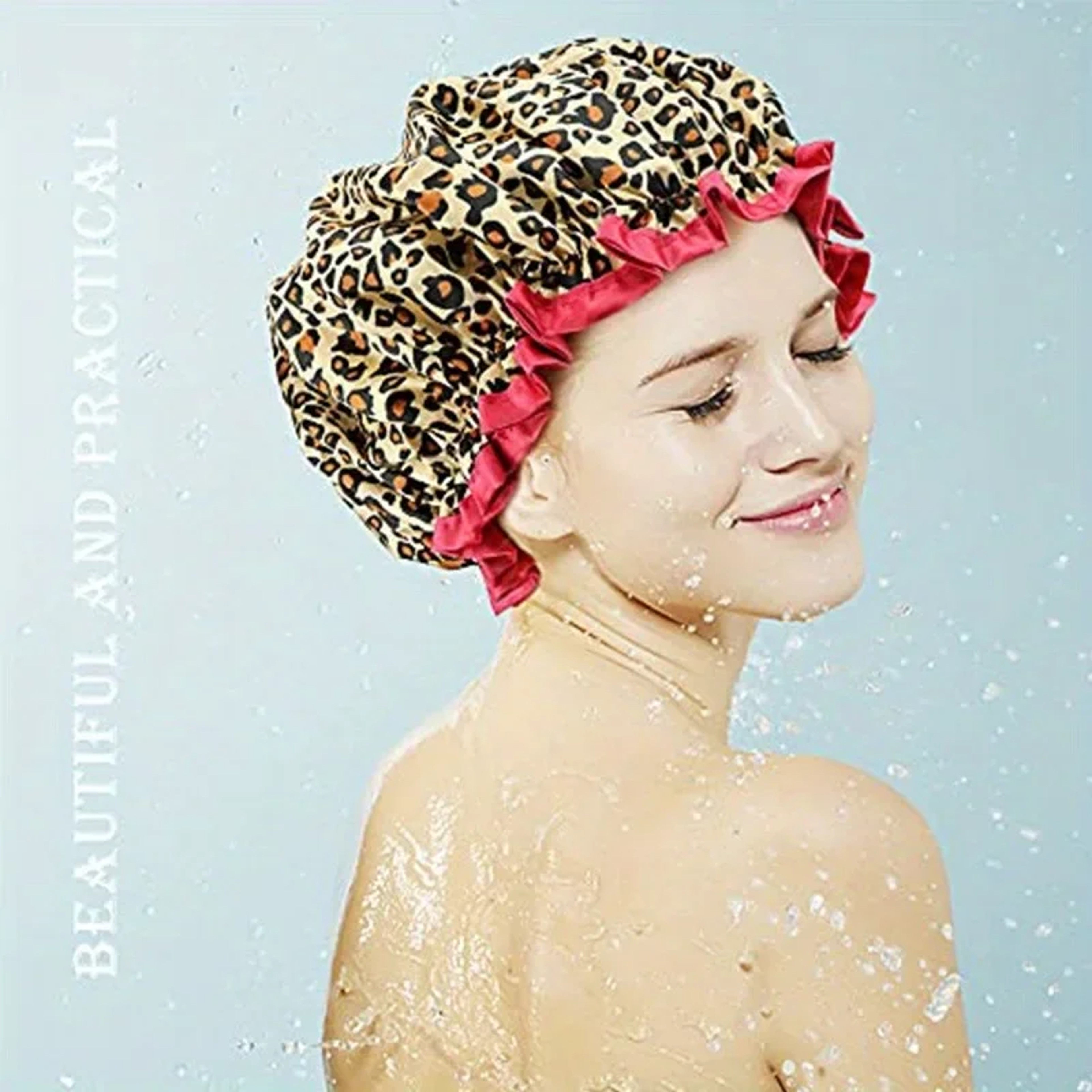 Leopard Print Double Layer Waterproof Shower Cap Reusable Hair Cover 0