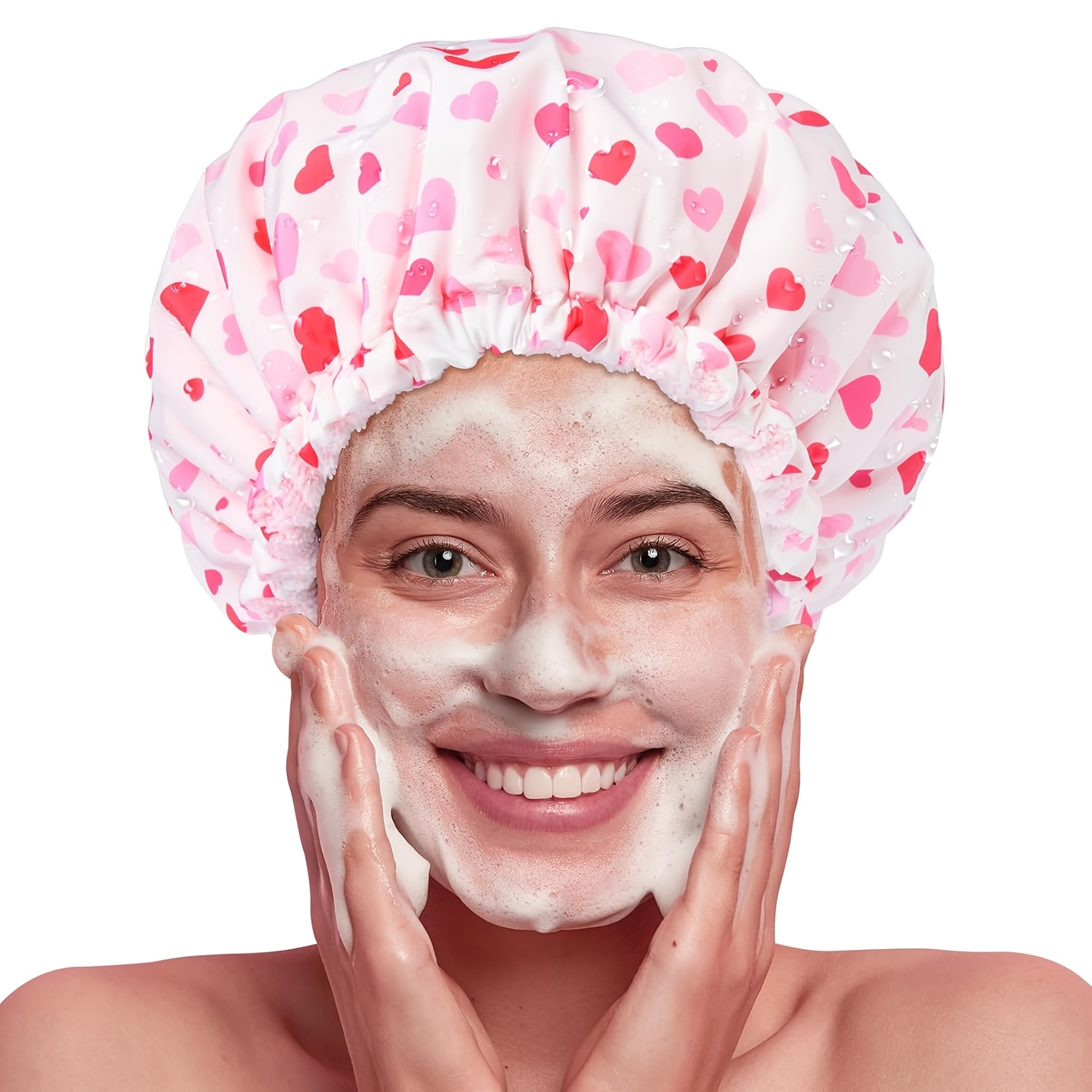 Pink Double Layer Waterproof Shower Cap with Towel Lining for Women – view 1