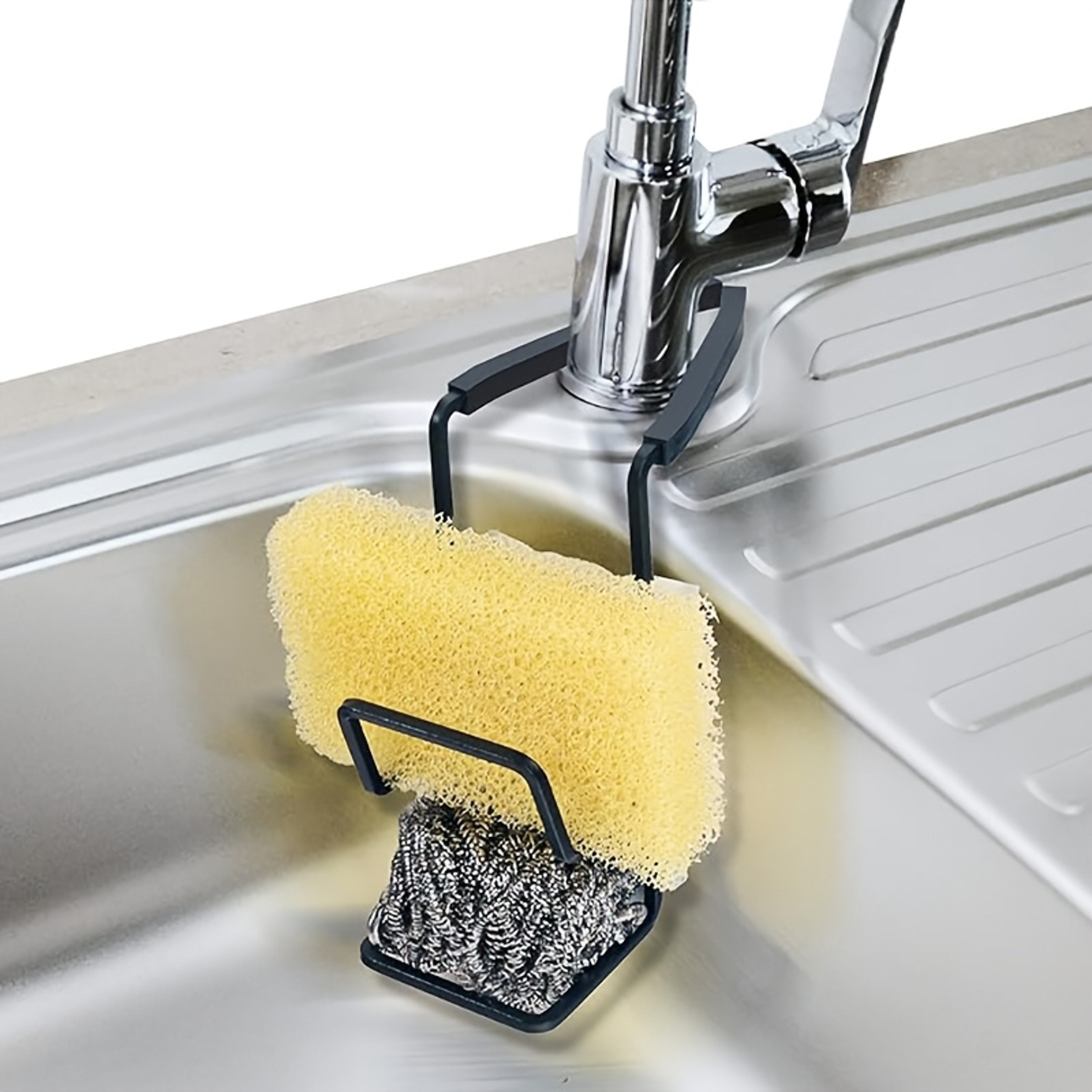 Wall Mounted Kitchen Sink Organizer Rack Sponge Holder with Drainage Shelf – view 2