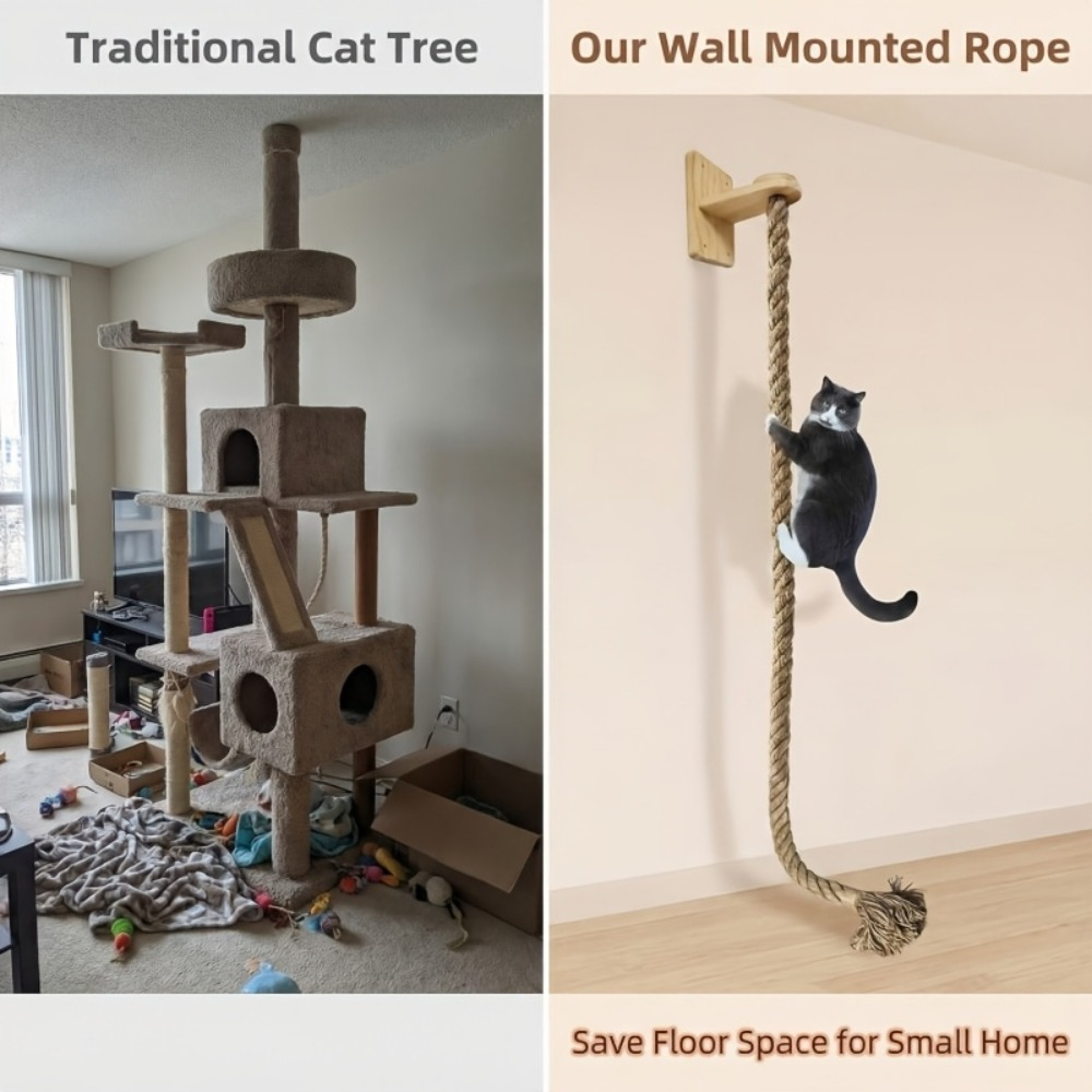 Wall Mounted Cat Scratching Post With Wooden Shelf and Sisal Rope – view 3