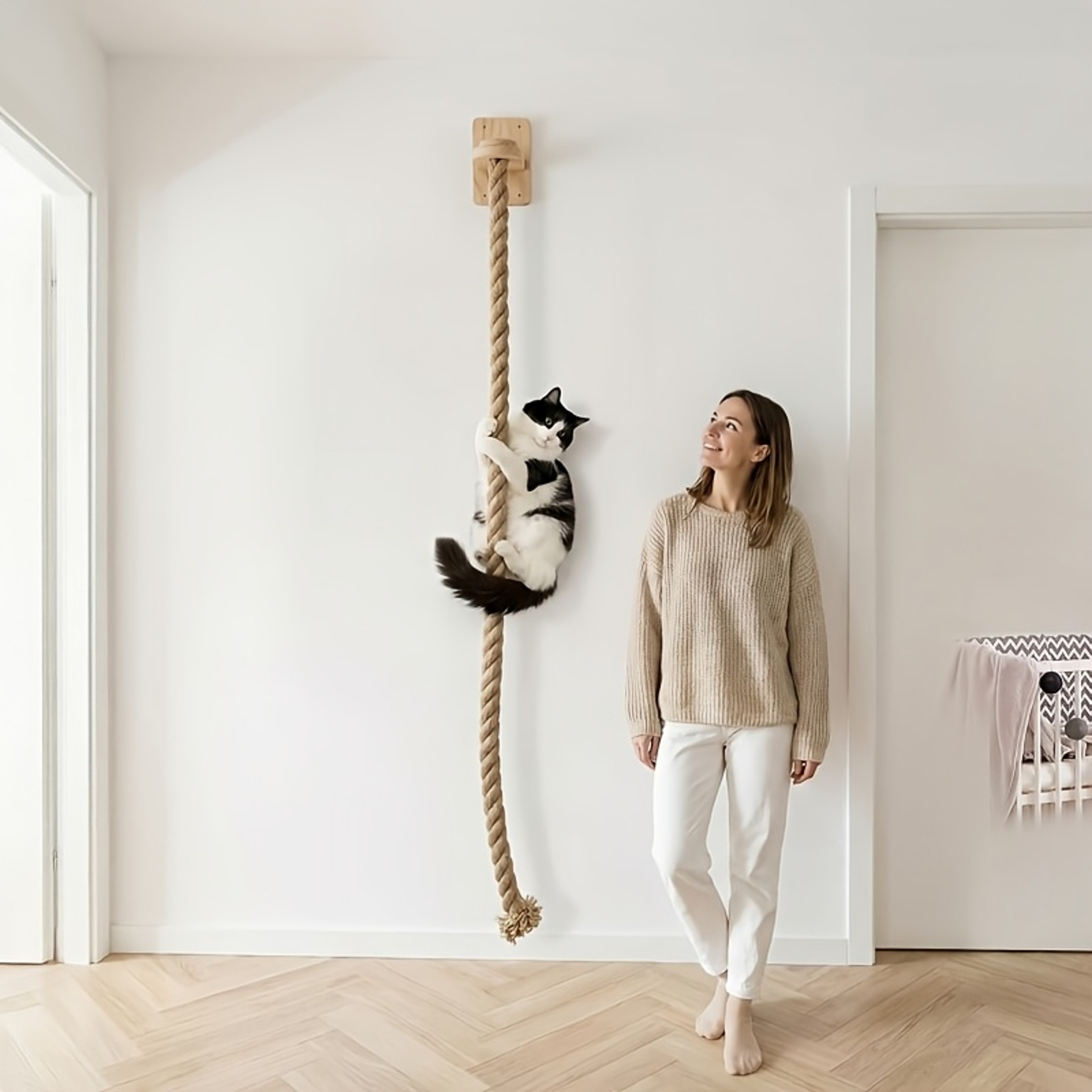 Wall Mounted Cat Scratching Post With Wooden Shelf and Sisal Rope – view 6