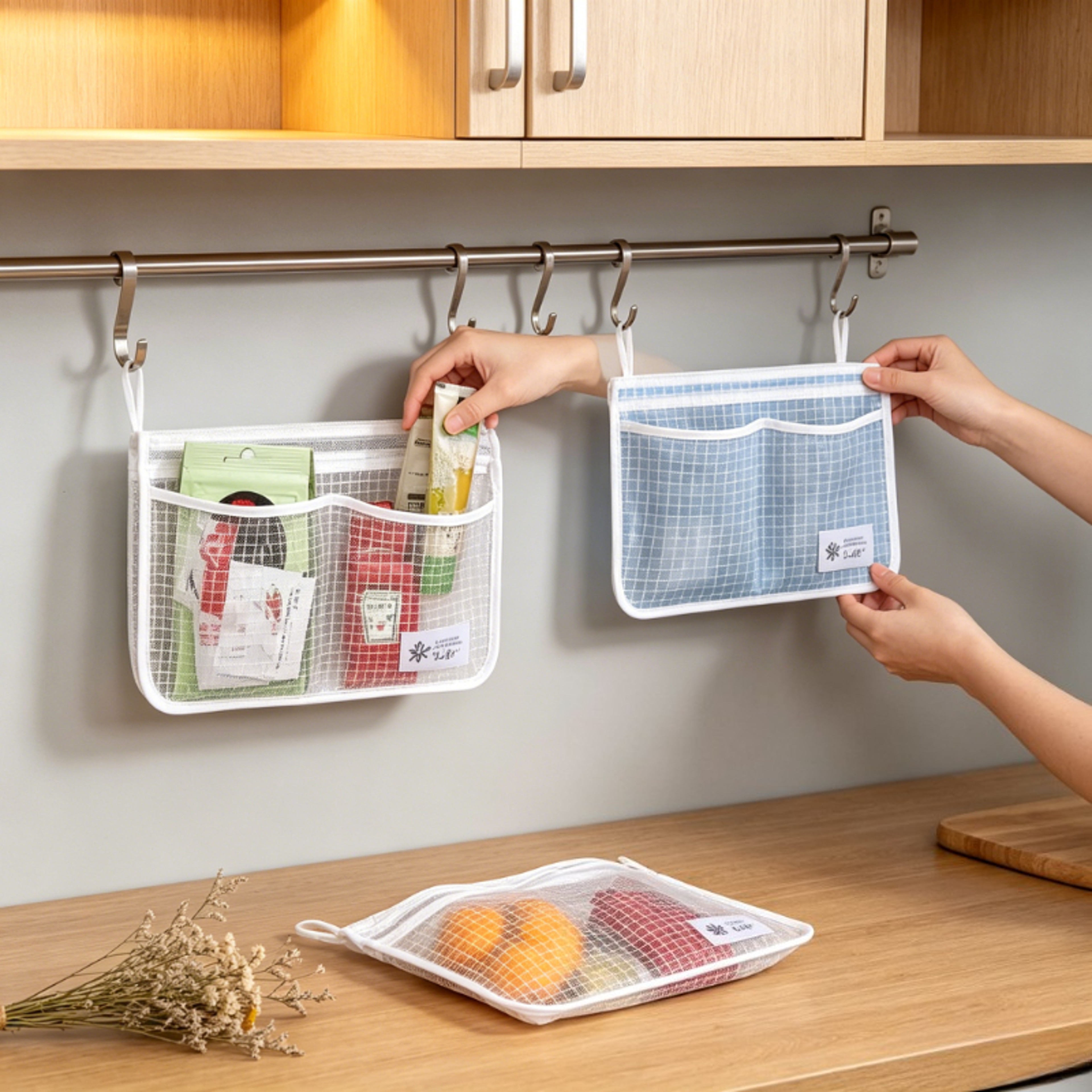 Refrigerator Organizer Hanging Mesh Storage Bag Double Compartment Sauce Packet Holder – view 1