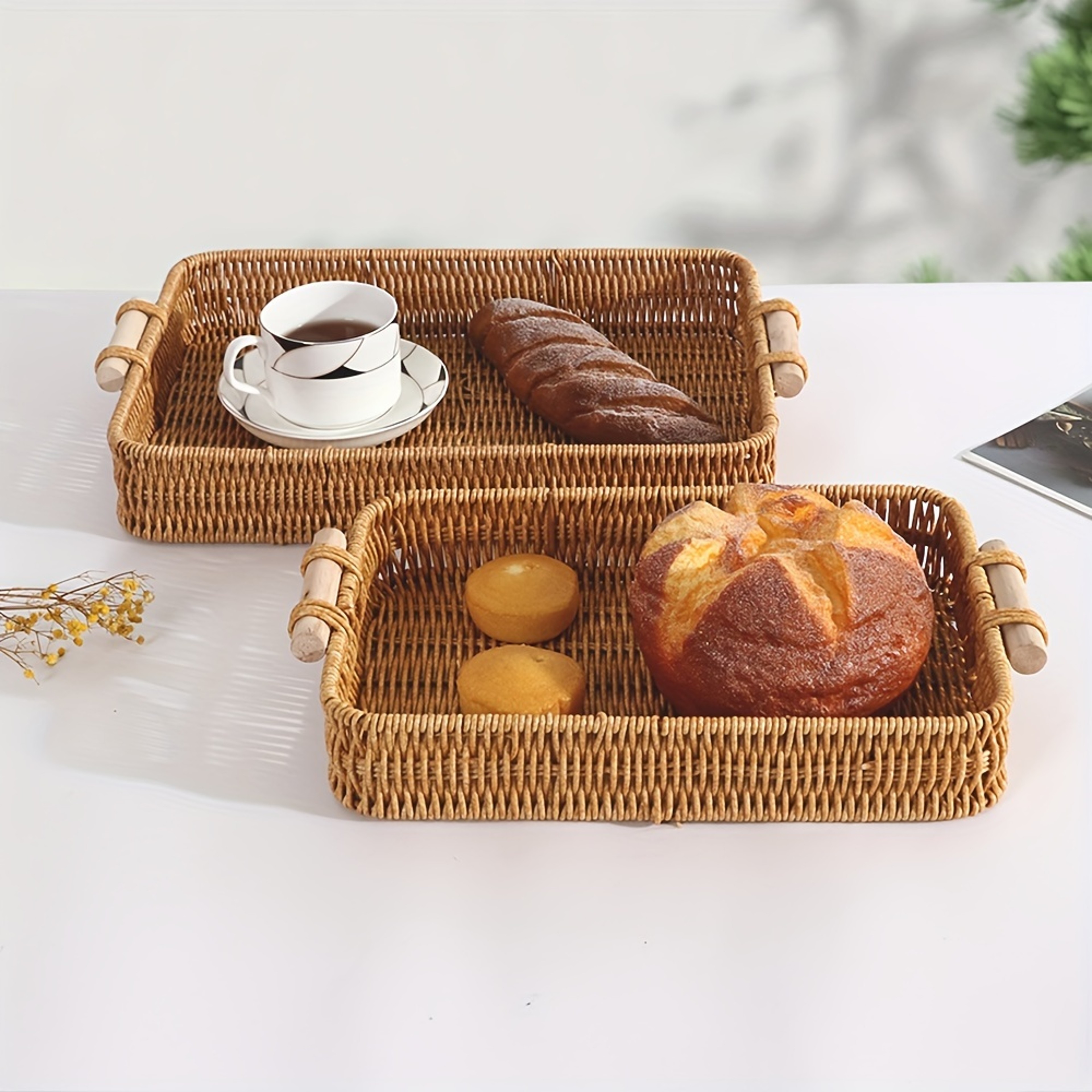 Modern PP Woven Storage Basket With Wooden Handle Rectangular Home Organizer Bin 2