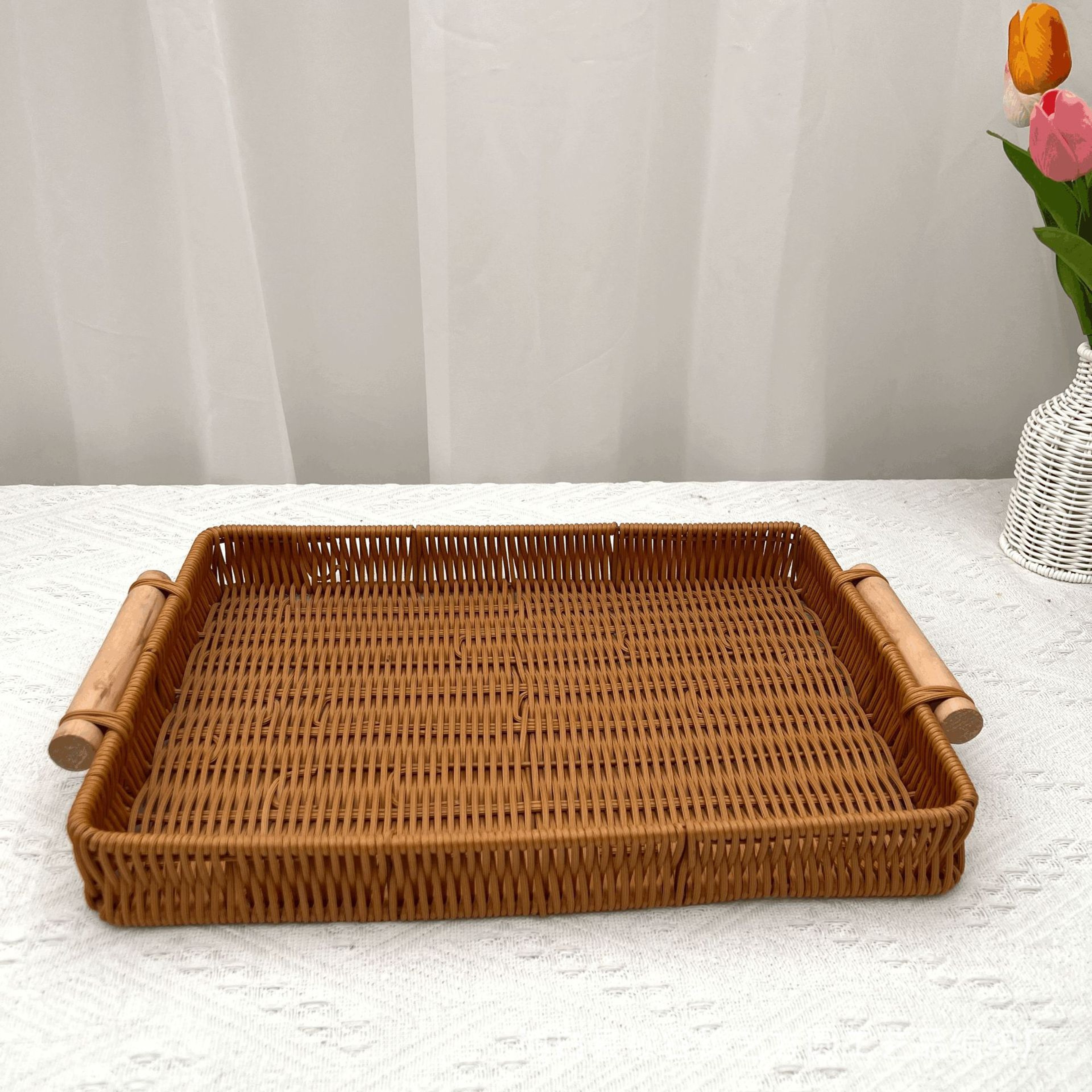 Modern PP Woven Storage Basket With Wooden Handle Rectangular Home Organizer Bin 5