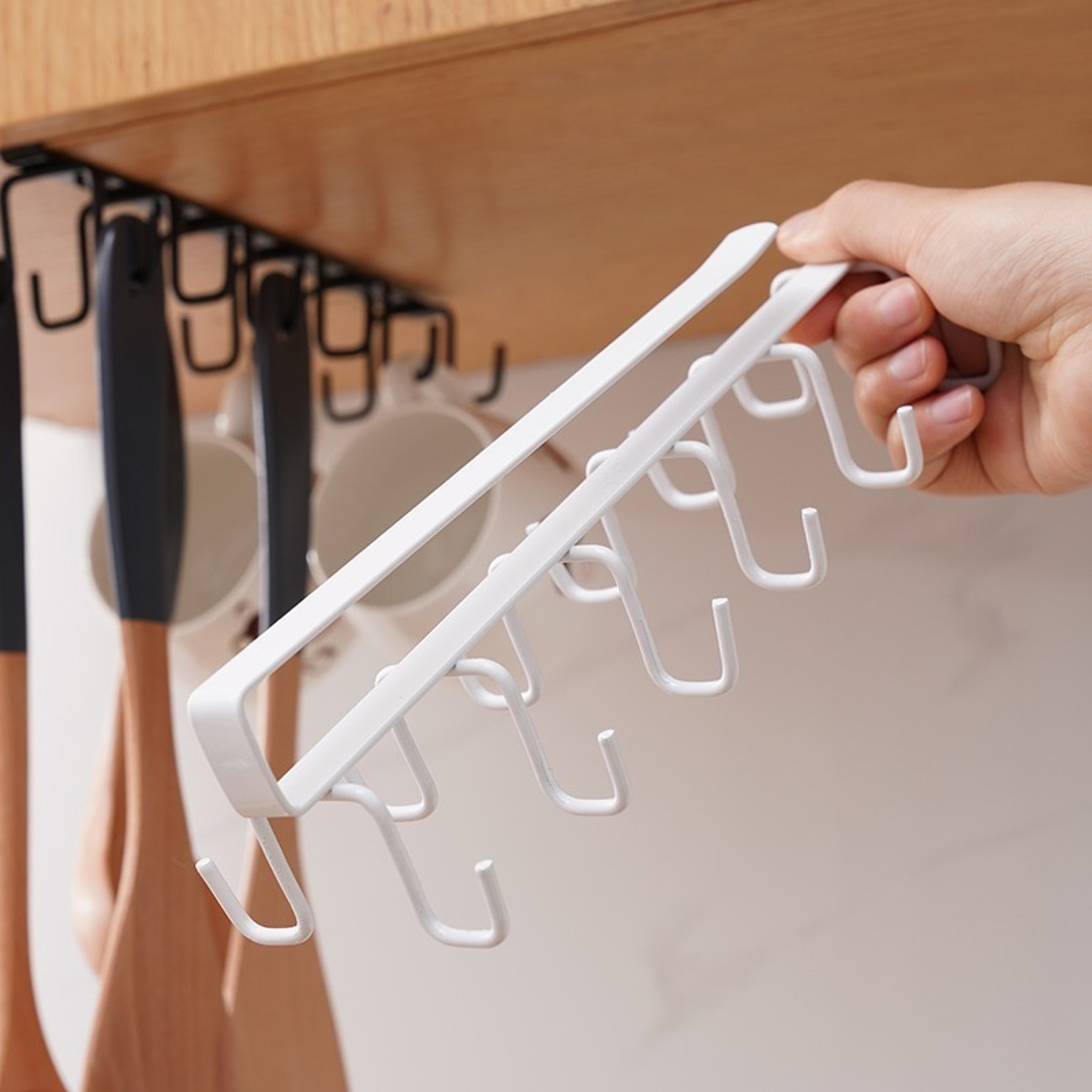 Punch Free Double Row Mug Holder Rack Kitchen Cabinet Organizer 4