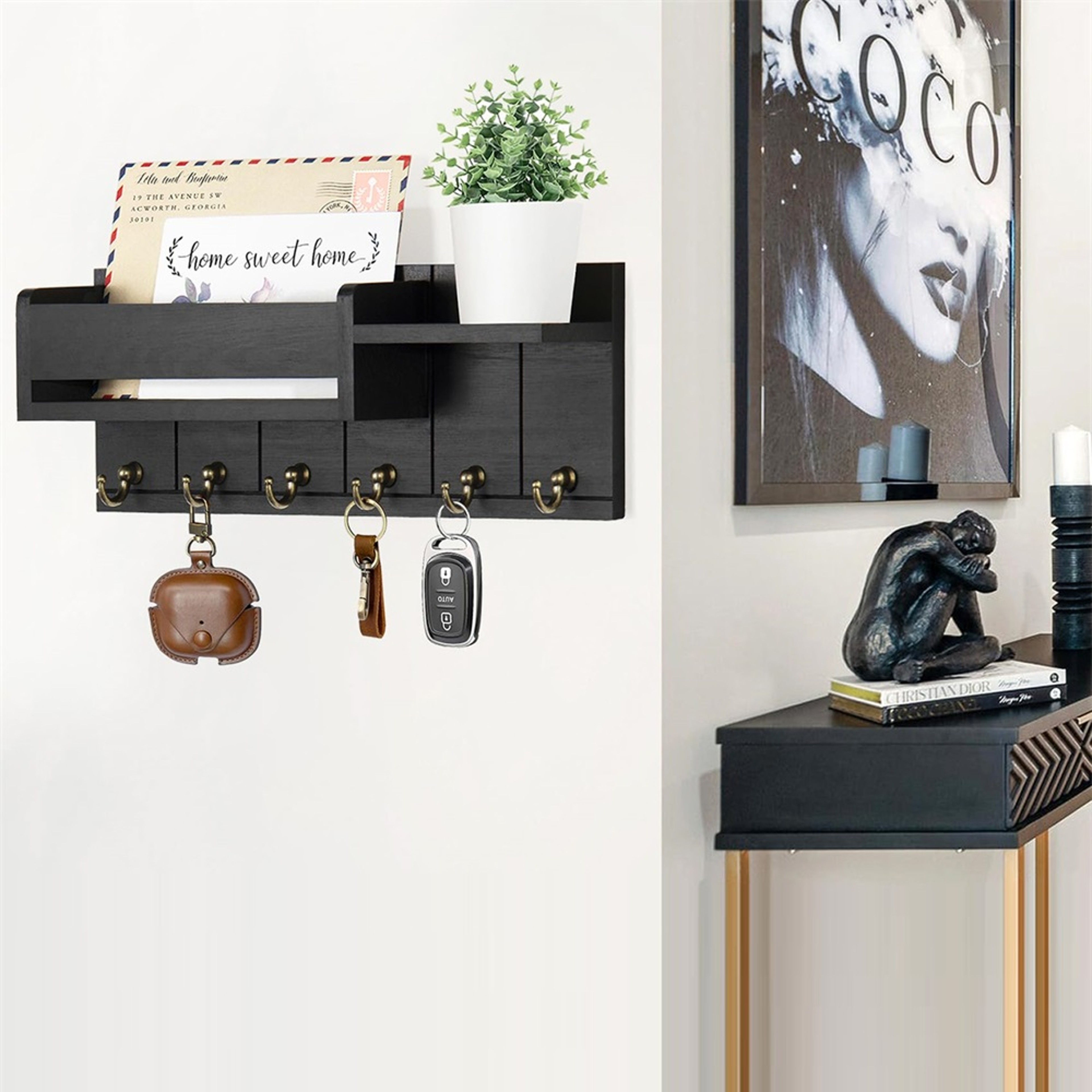 Rustic Wood Key Holder Wall Mounted With Shelf And Mail Organizer 4