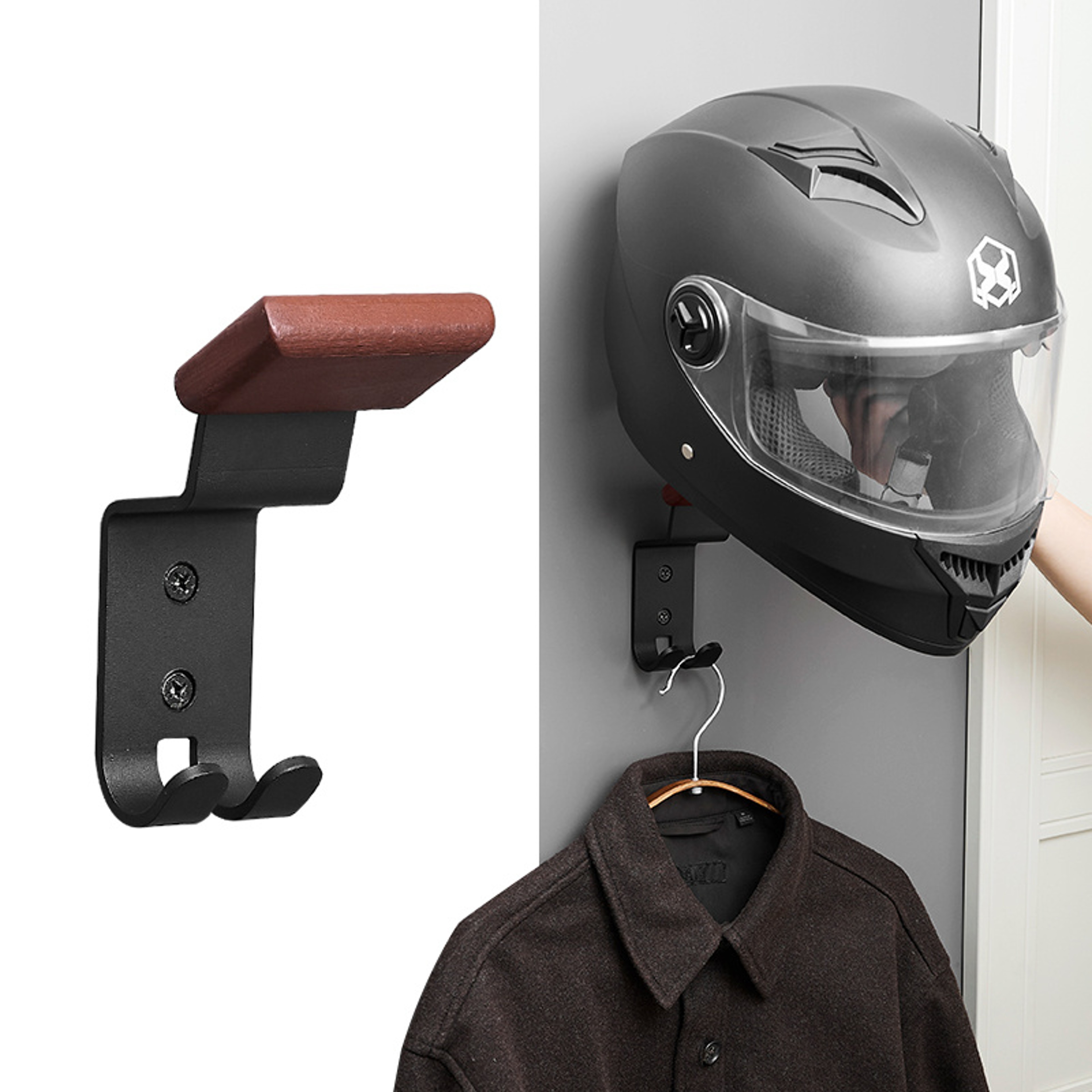 Helmet Rack Wall Mount Wooden Carbon Steel For Motorcycle Garage Storage 0