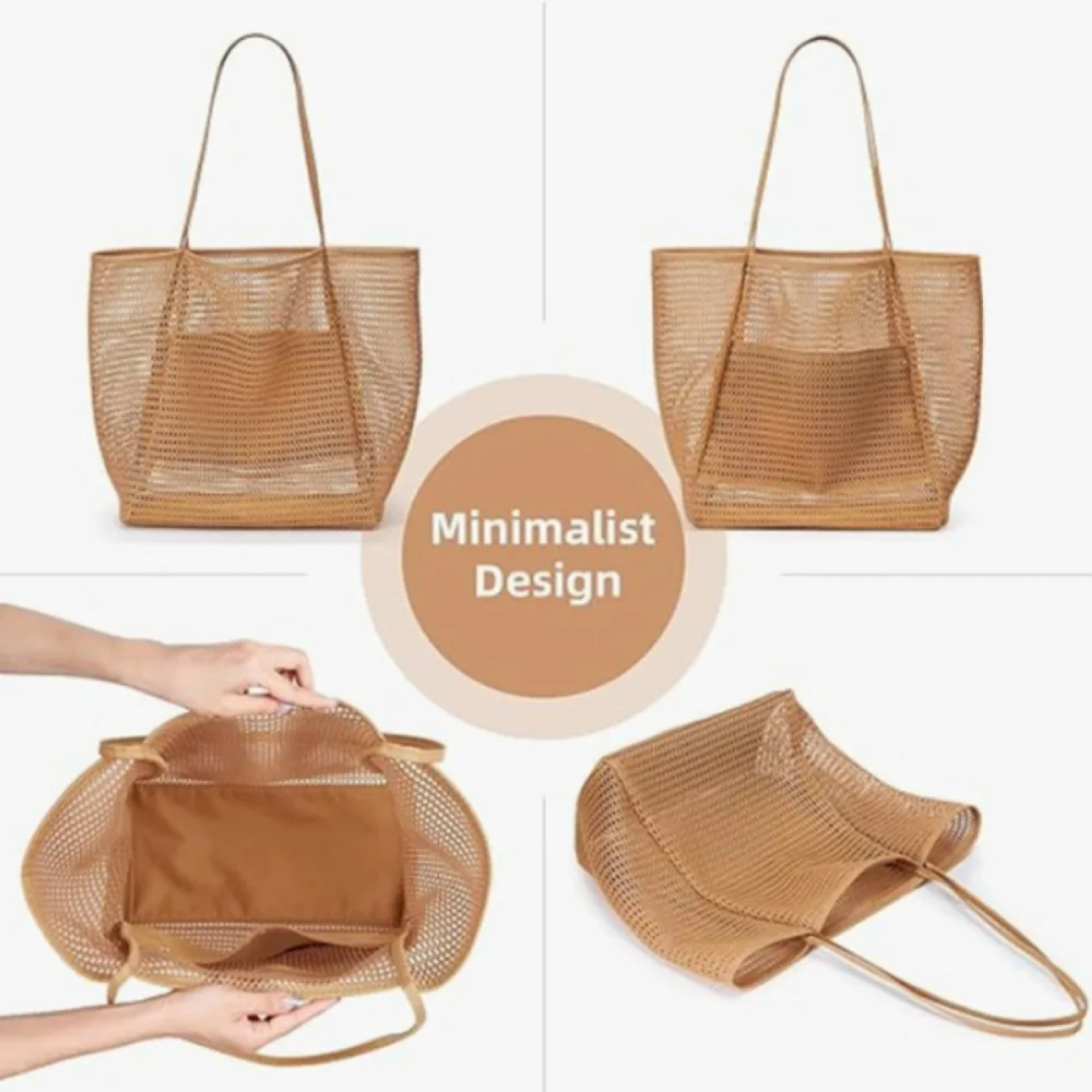 Foldable Beach Bag With Mesh Net Lightweight Shoulder Tote For Travel 4