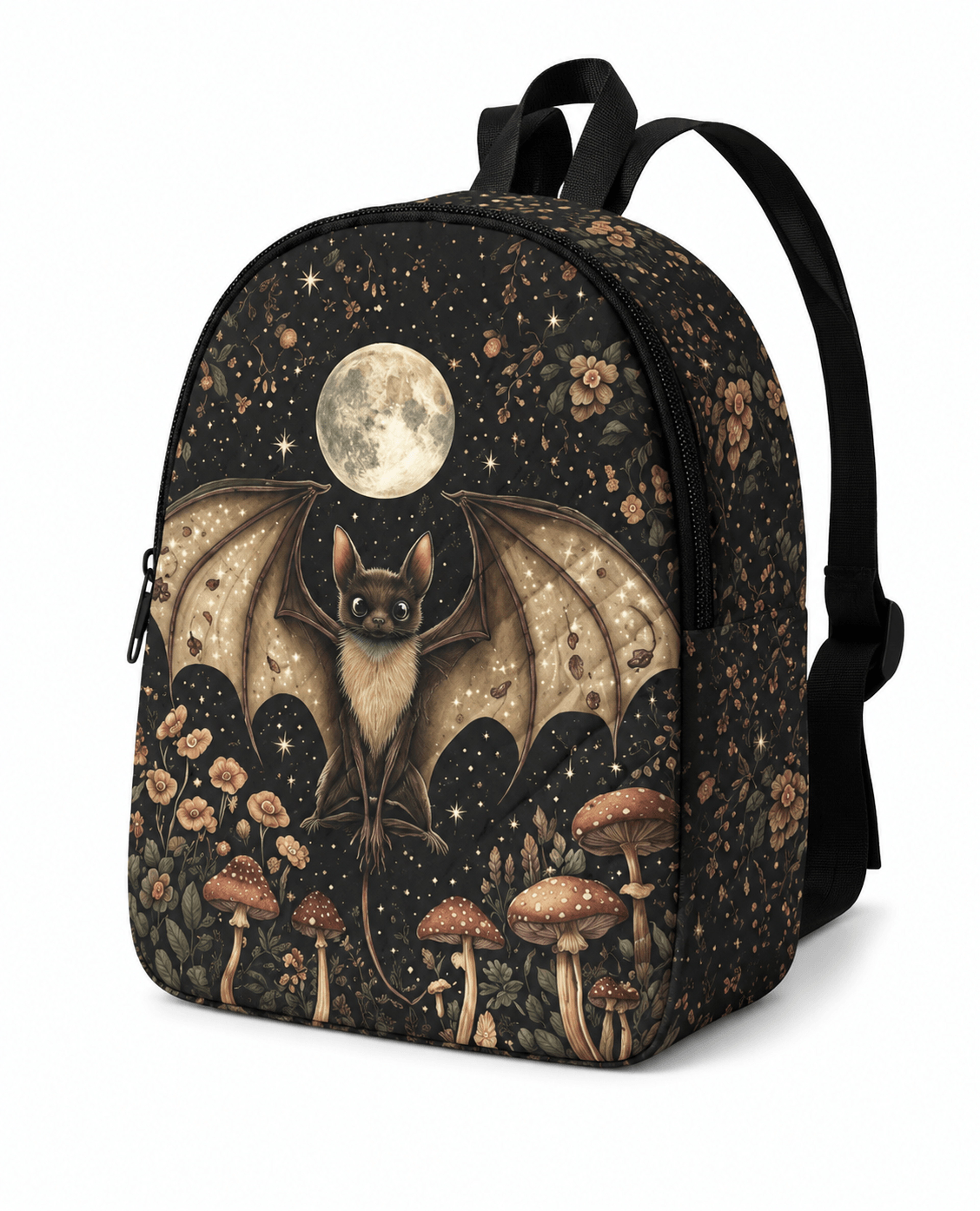 Bat Moon Mushroom Compact Backpack Floral Print Quilted Travel Bag For Women Men Campus Outdoor Use 0