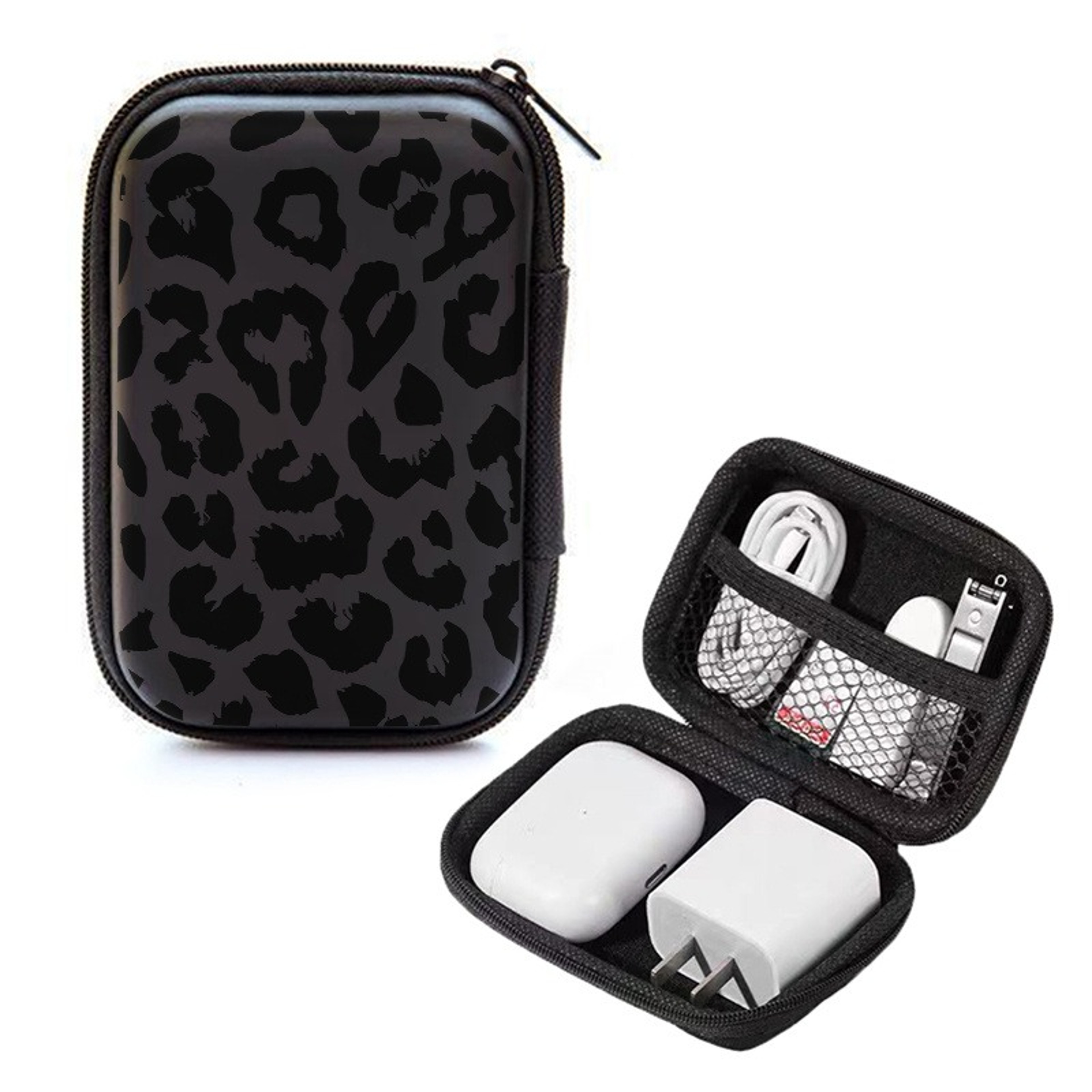 Black Leopard Print EVA Hard Shell Electronics Organizer Bag For Cables And Accessories 0