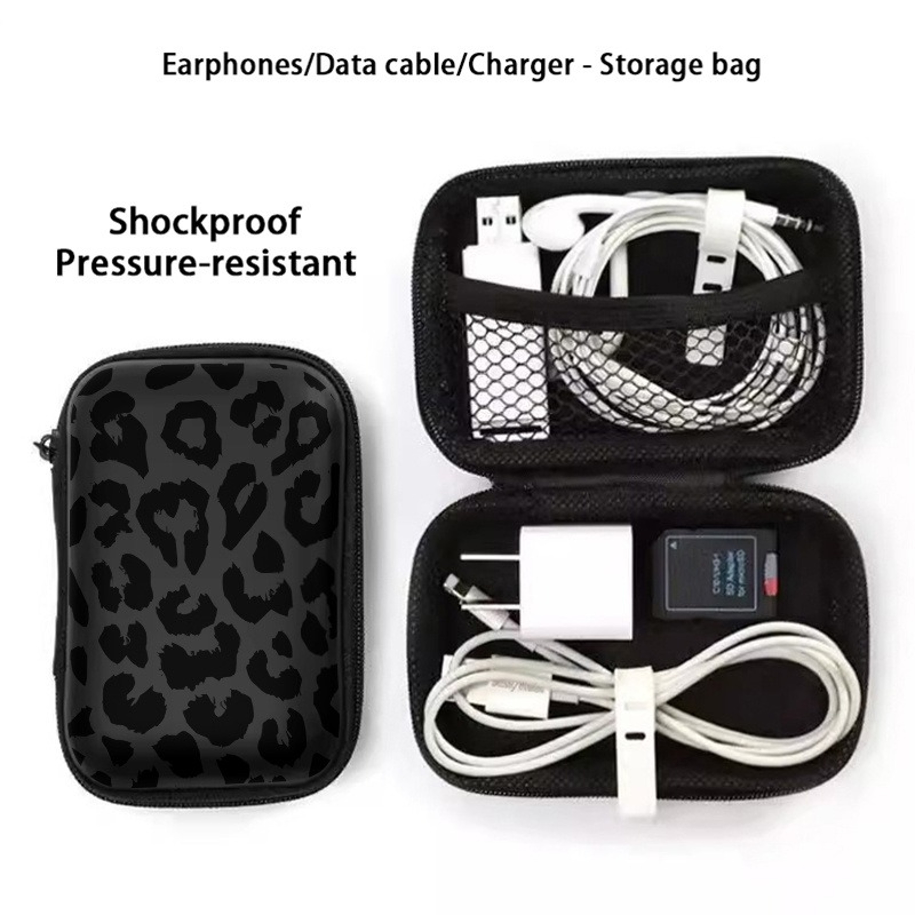 Black Leopard Print EVA Hard Shell Electronics Organizer Bag For Cables And Accessories 6